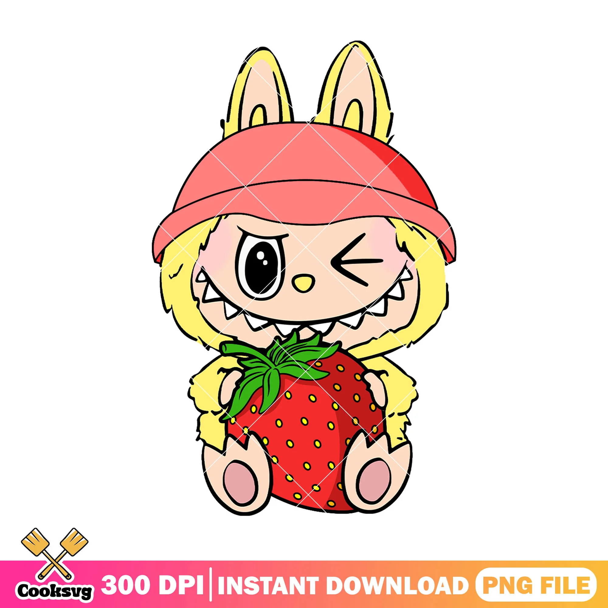 Labubu hugs strawberry png, yellow labubu png, labubu popmart png