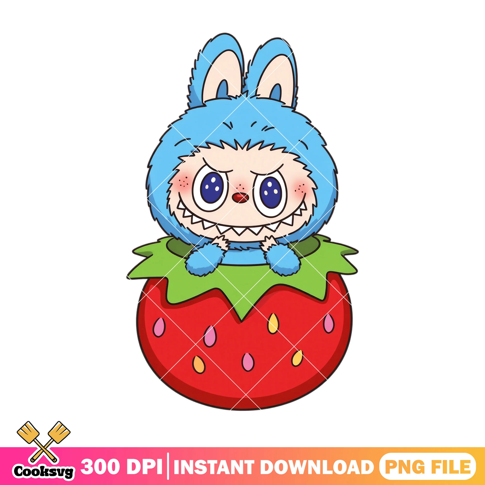 Labubu in big strawberry png, labubu hehe png, labubu blue png