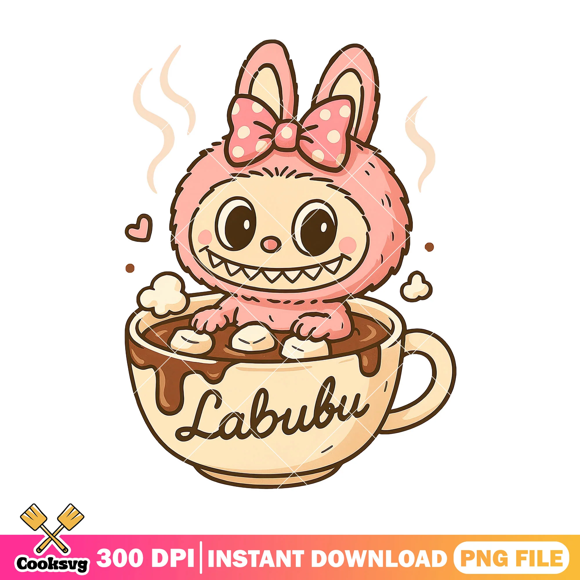 Labubu in cup of tea png, pink labubu png, cute labubu png