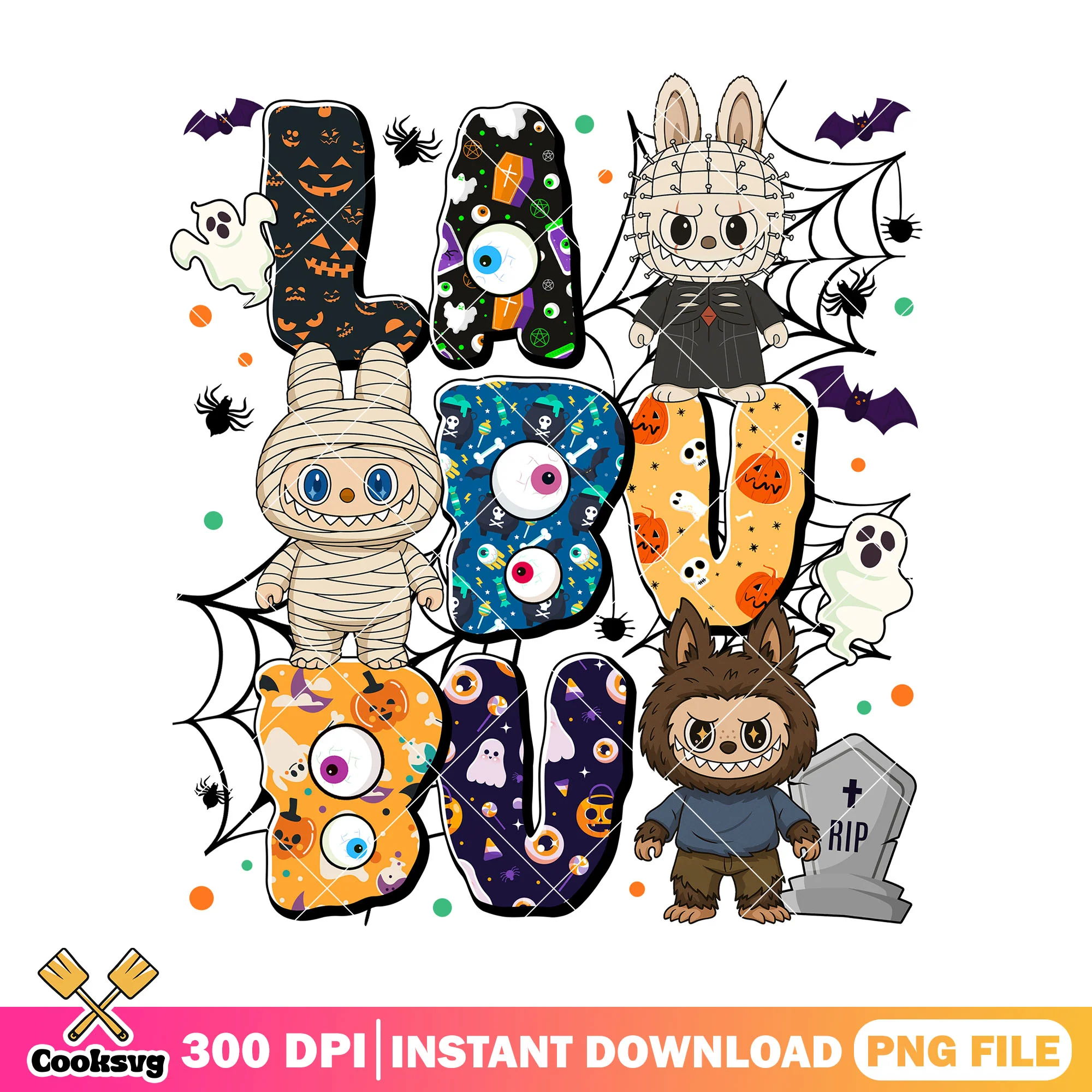 Labubu in horror costume png, scary halloween png, horror dolls png