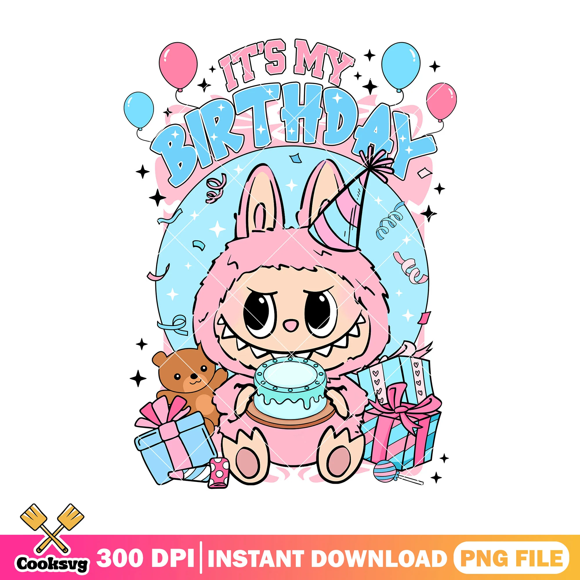 Labubu it's my birthday png, labubu pink png, labubu happy png