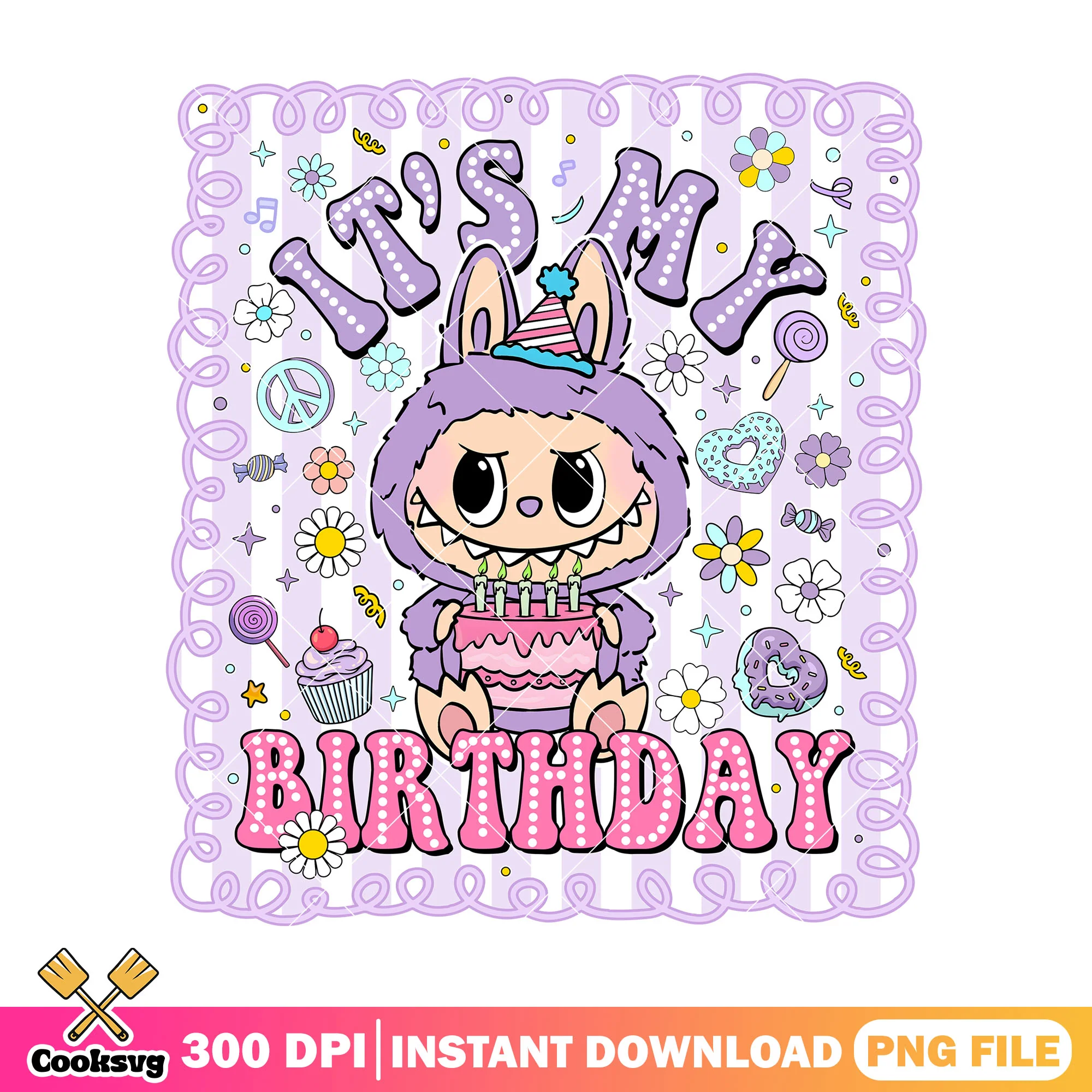 Labubu it's my birthday png, labubu purple png, labubu sitting png