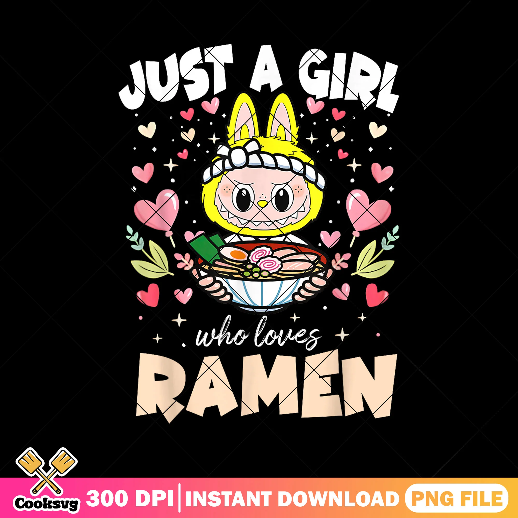 Labubu just a girl love ramen png, labubu girl png, yellow labubu png
