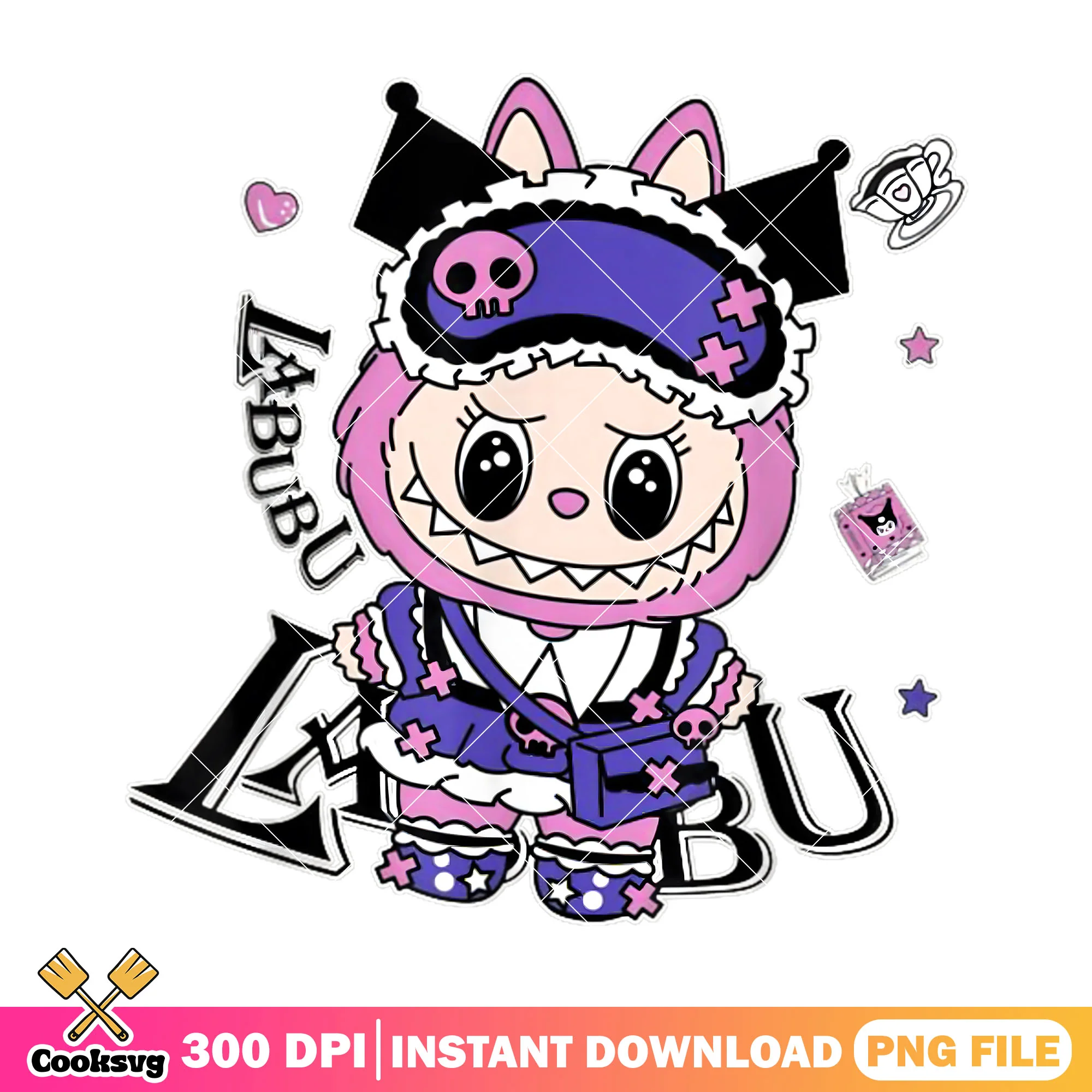 Labubu monster in kuromi costume png, kuromi labubu png