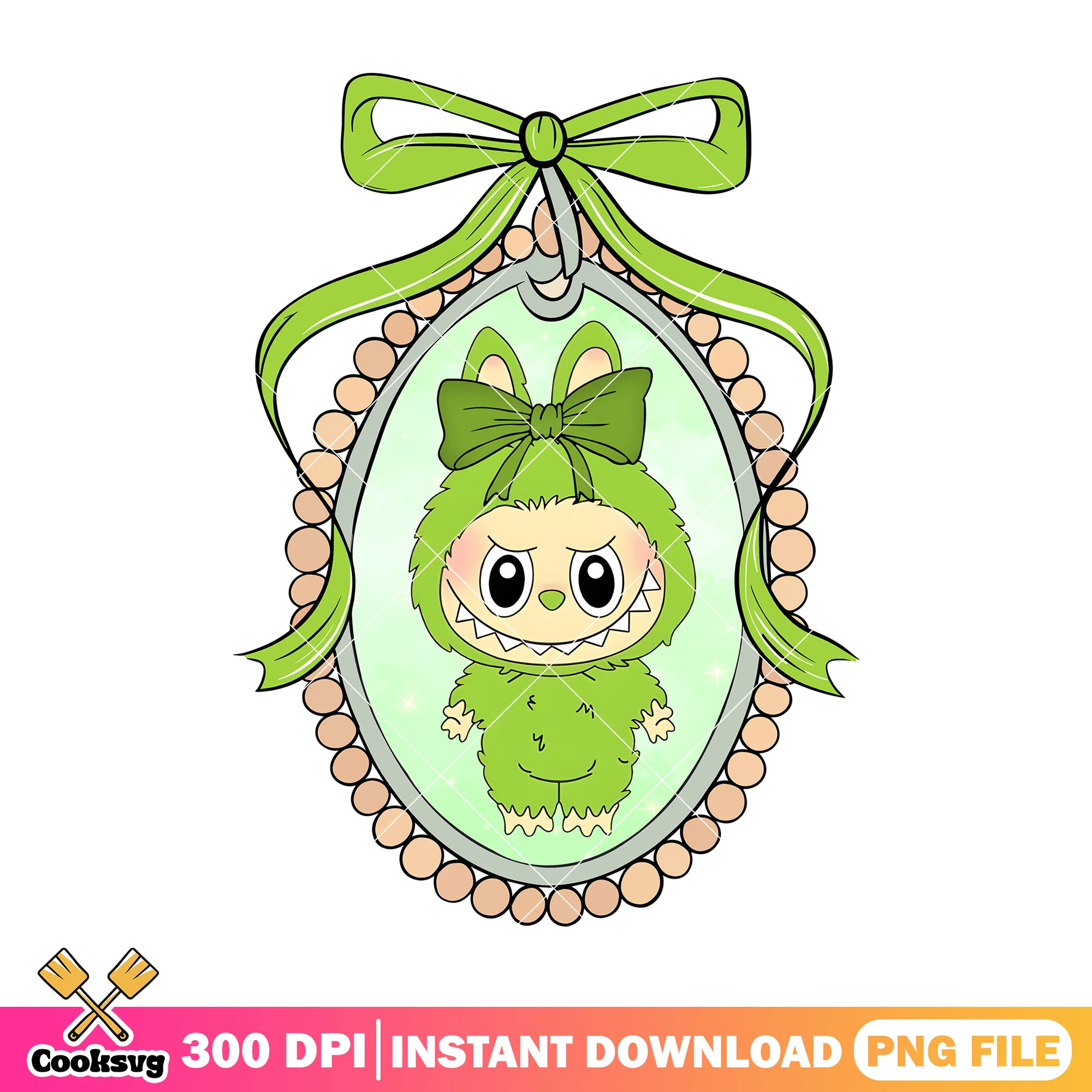 Labubu monster in oval frame png, green labubu png, labubu standing png