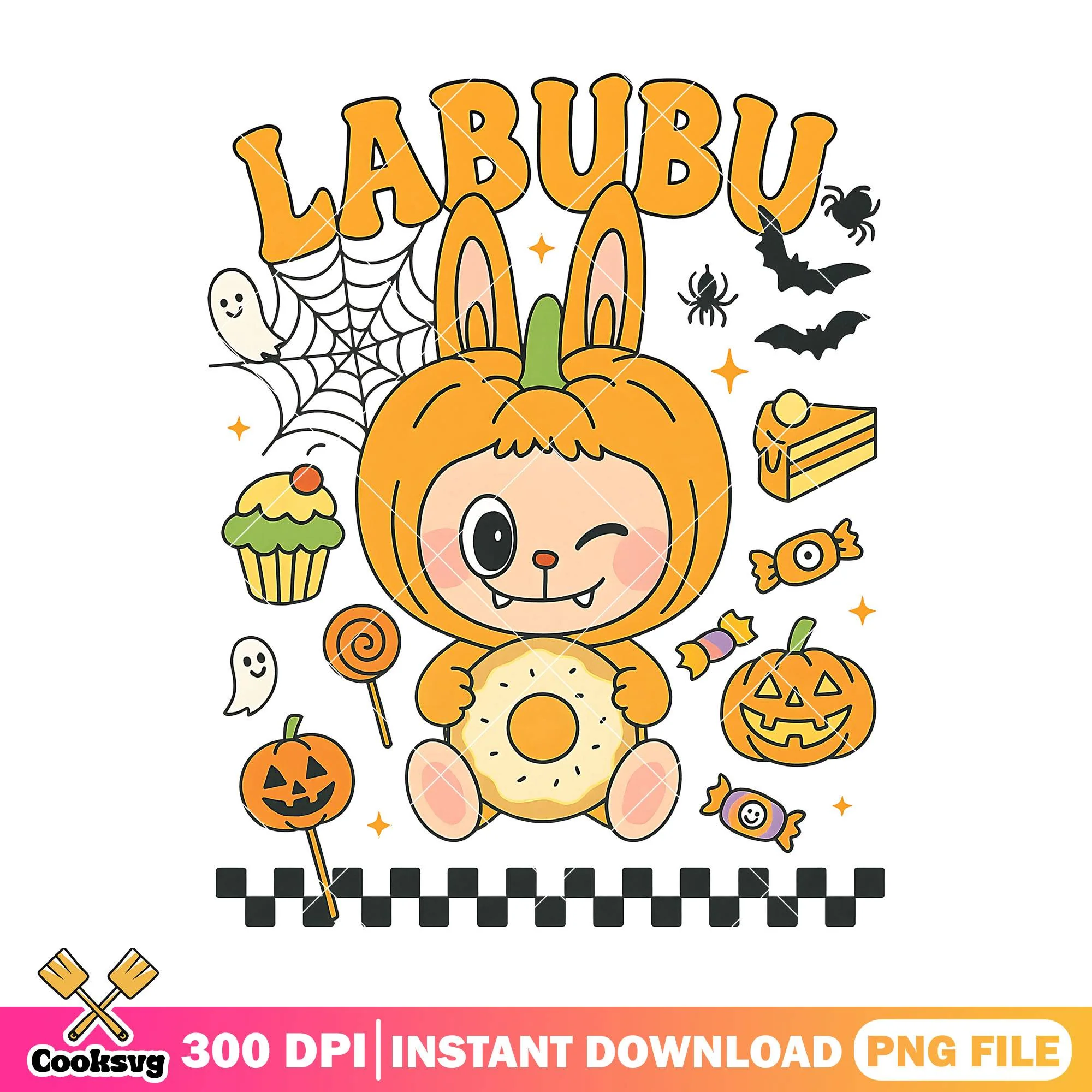 Labubu outfit pumpkin design png, labubu sitting png, halloween art png