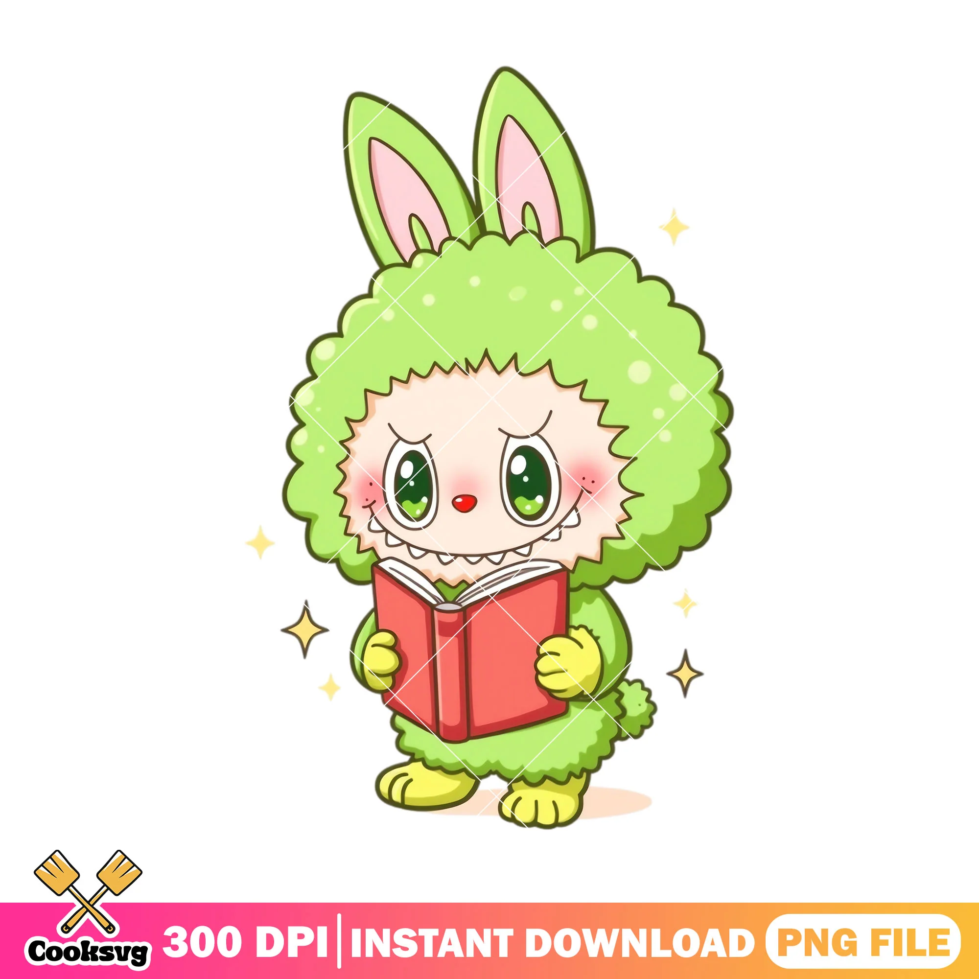 Labubu reading design png, labubu green png, labubu happy png