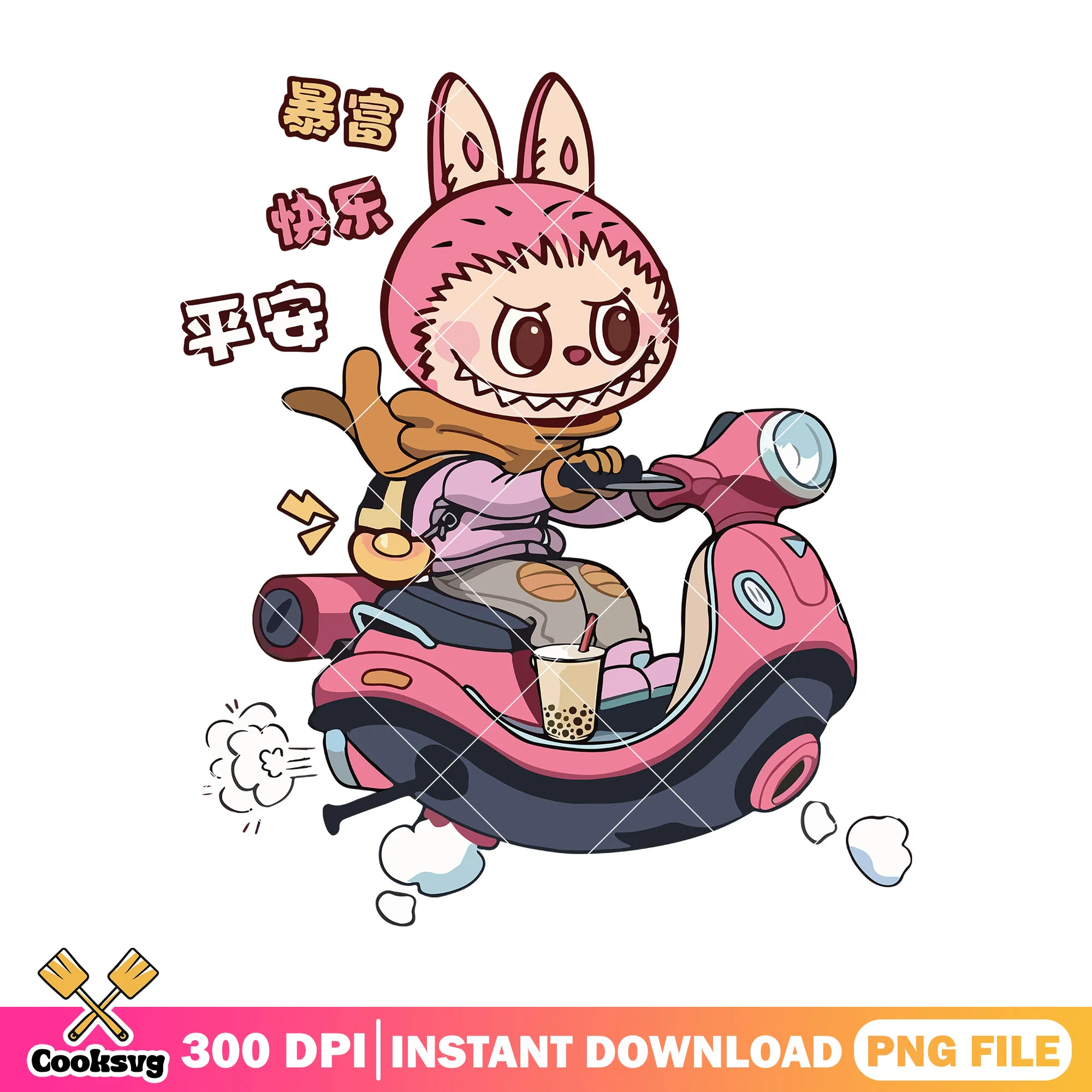 Labubu riding motorbike png, labubu monster png, labubu cartoon png