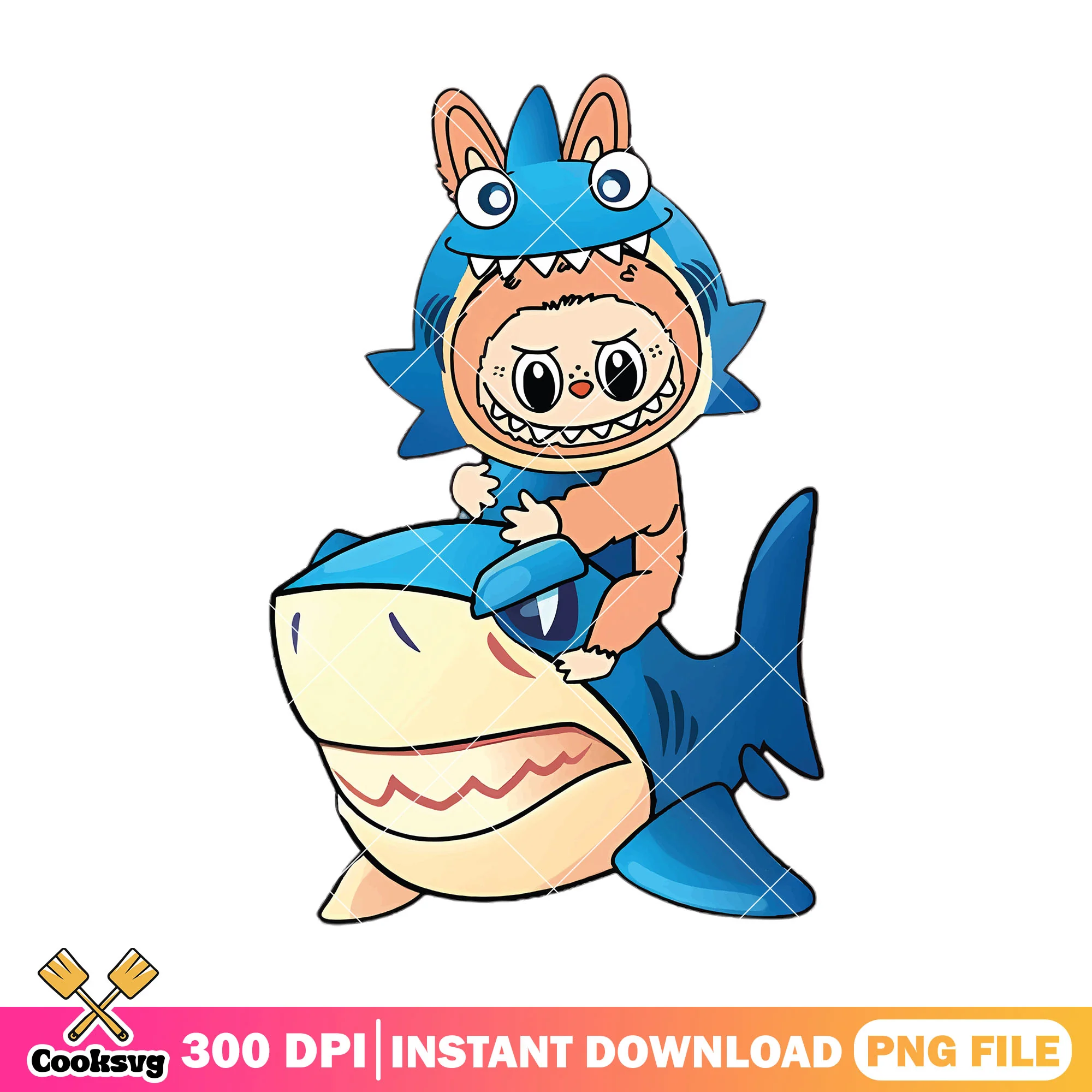 Labubu shark costume riding shark png, labubu cute png, labubu png