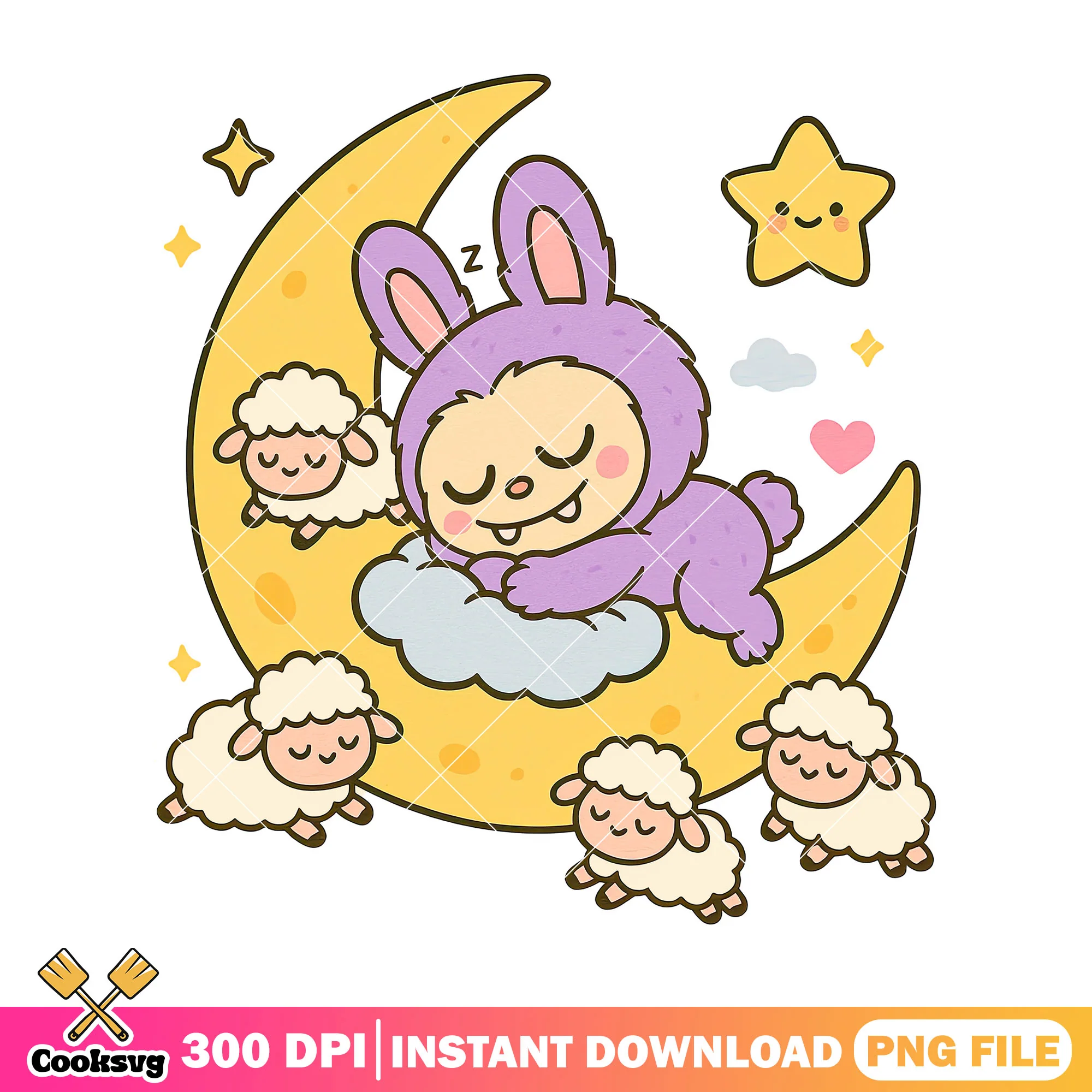 Labubu sleeps on the moon png, purple labubu png, plush labubu png