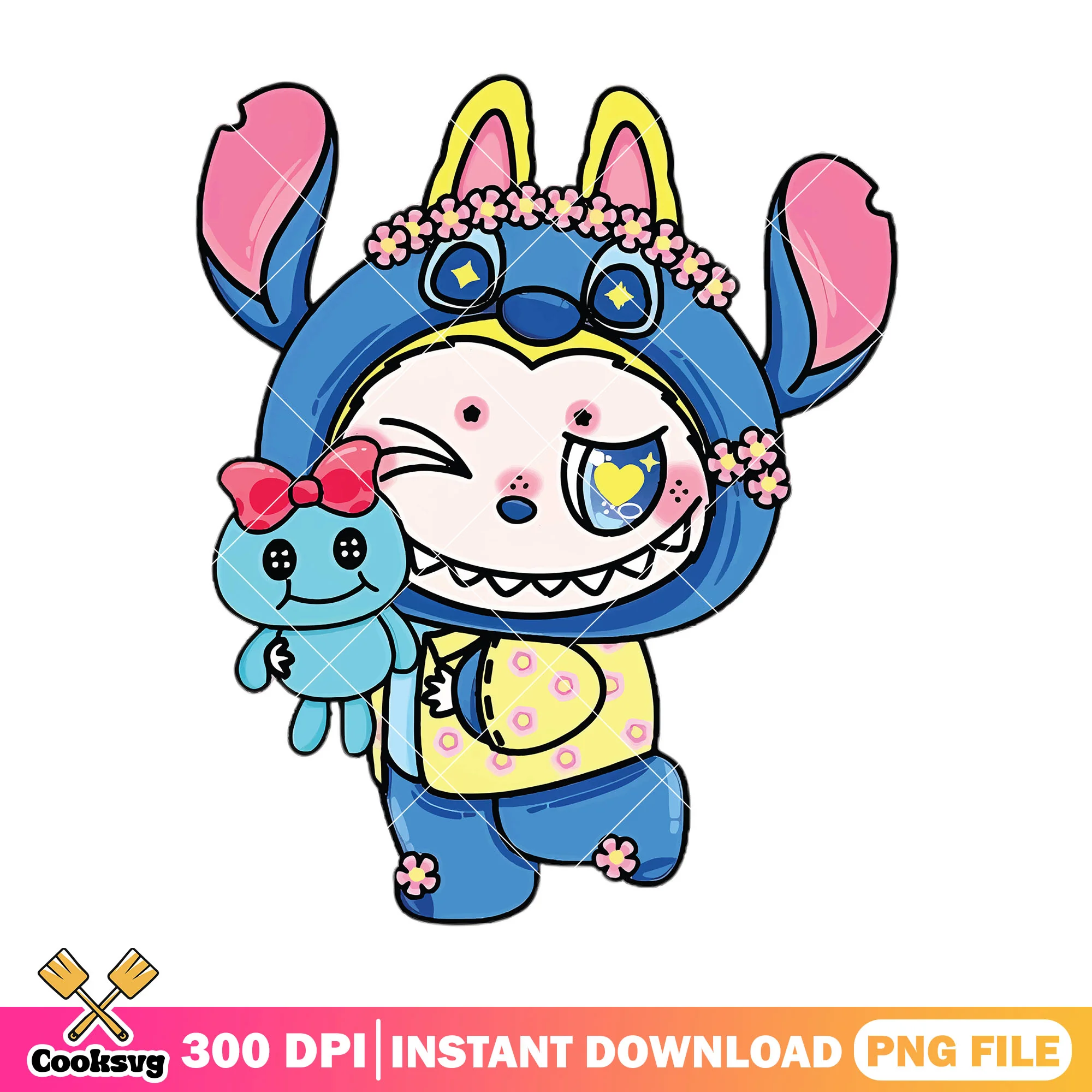 Labubu stitch clothes design png, labubu happy png, labubu cartoon png