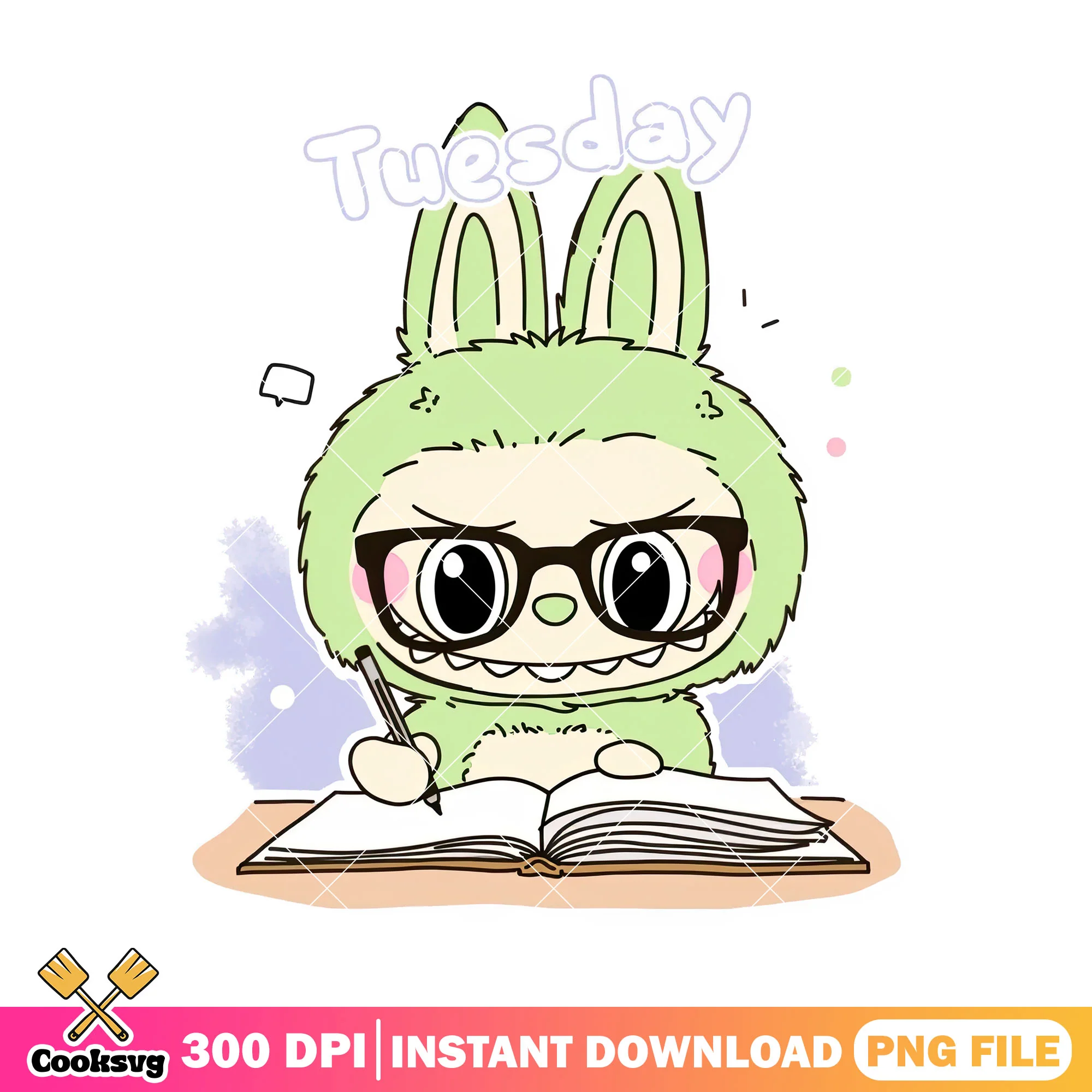 Labubu studying design png, plush labubu png, labubu green png