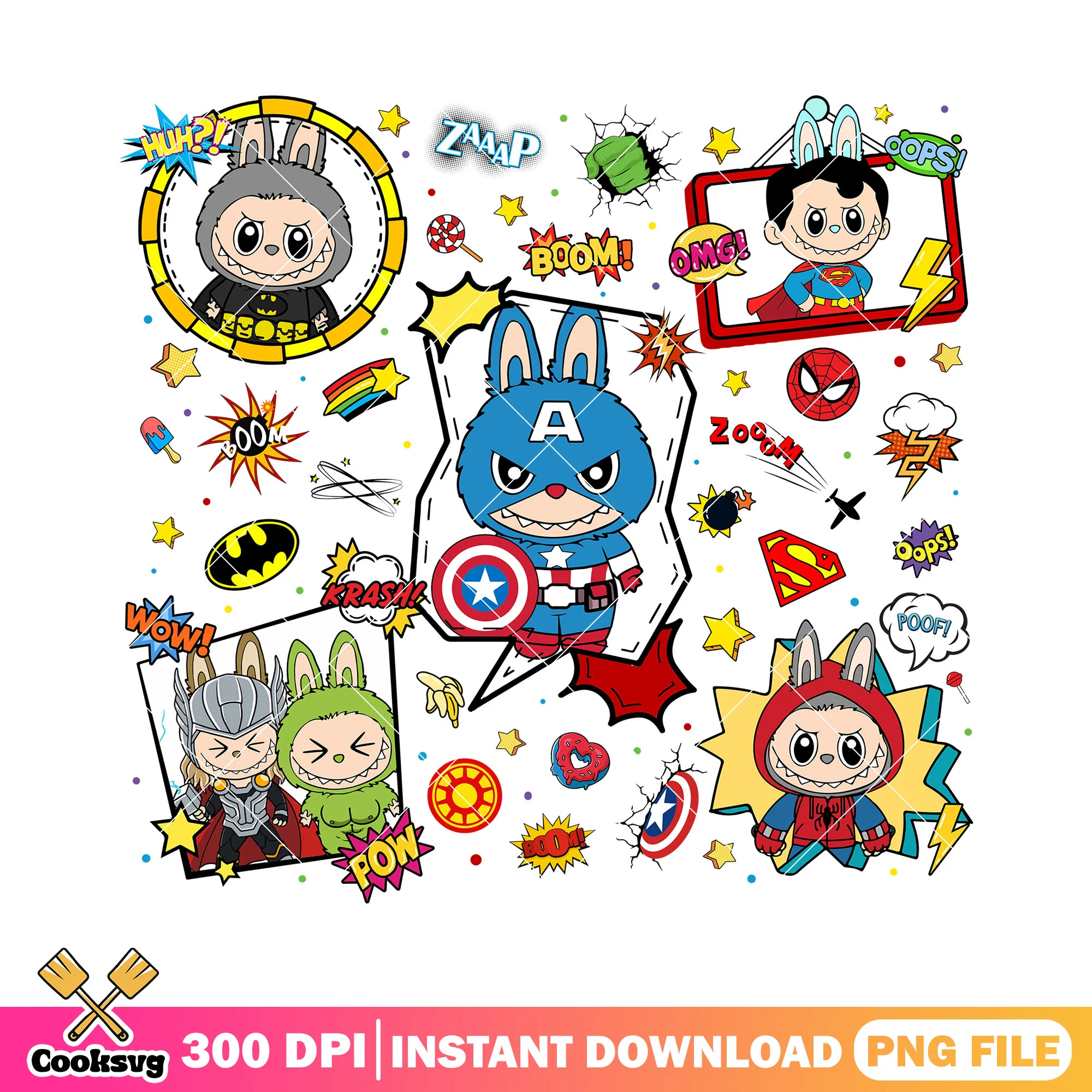 Labubu superhero outfits png, labubu happy png, labubu hehe png
