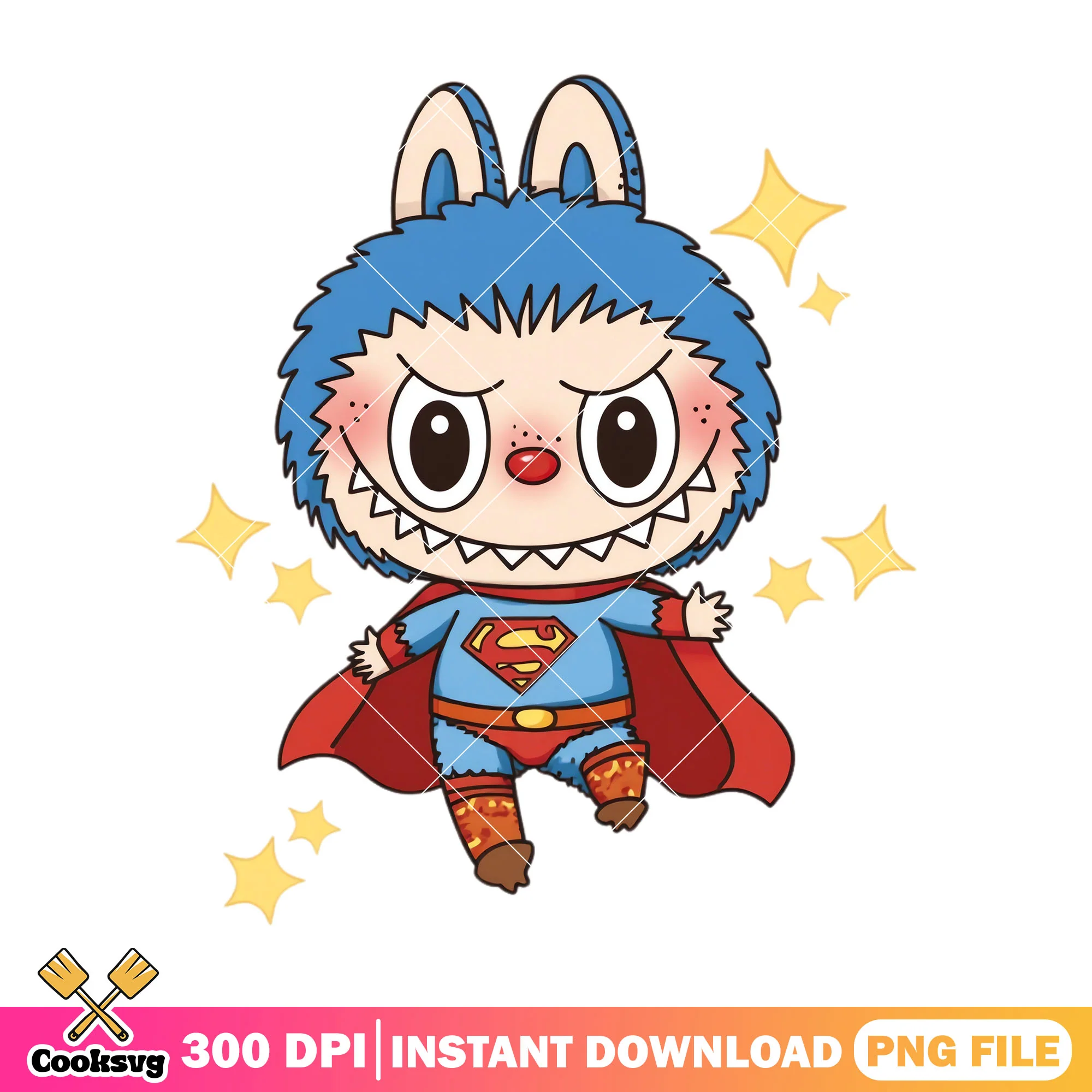 Labubu superman cosplay png, labubu outfit png, labubu happy png