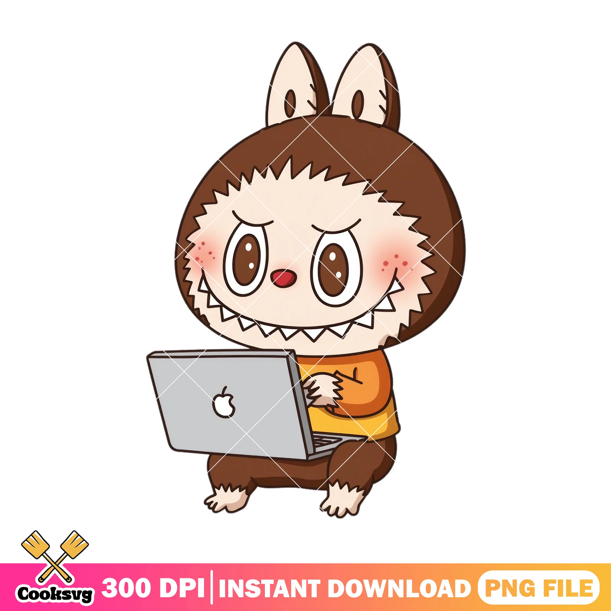 Labubu using laptop png, labubu happy png, labubu plush png