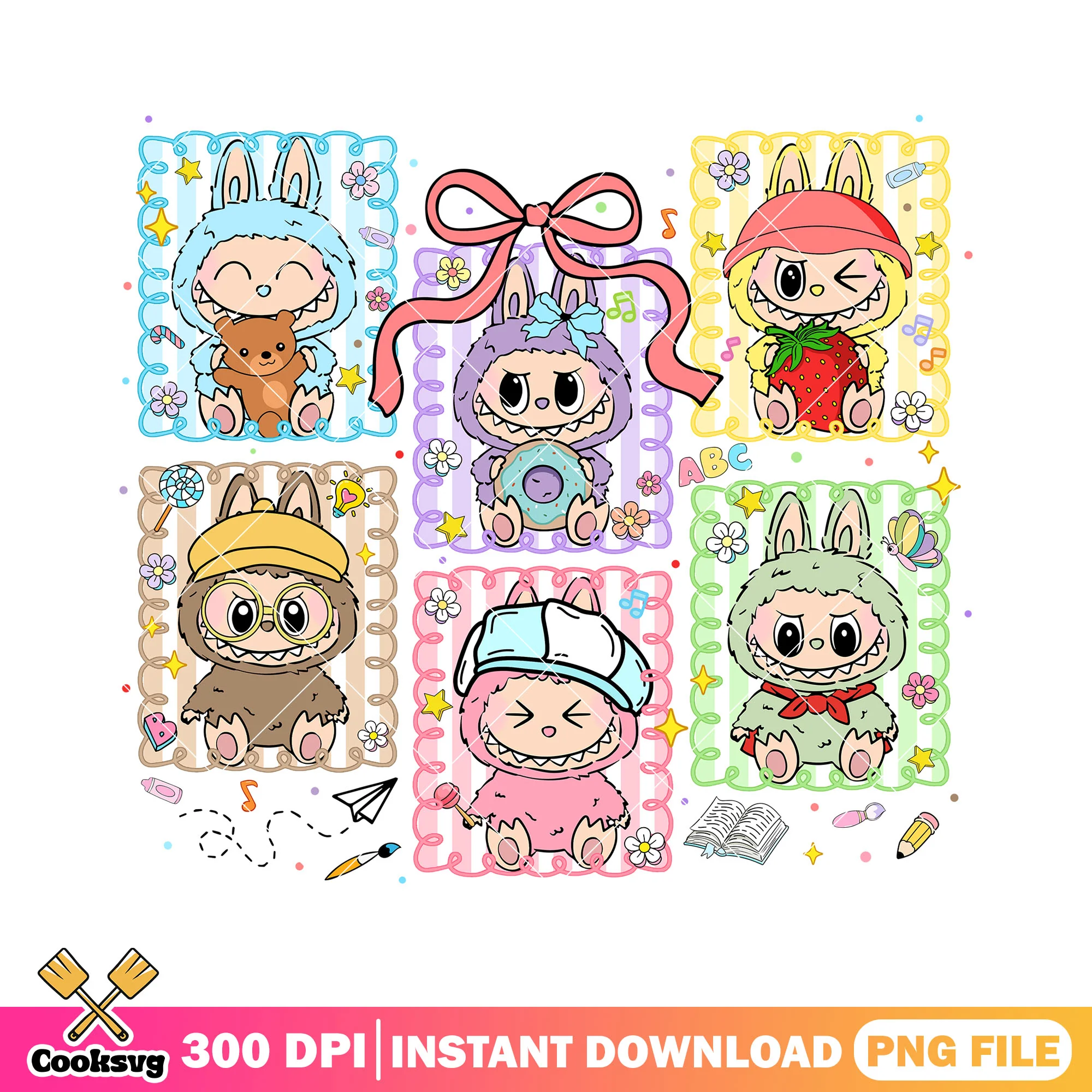 Labubu various clothes png, labubu cute png, labubu love png