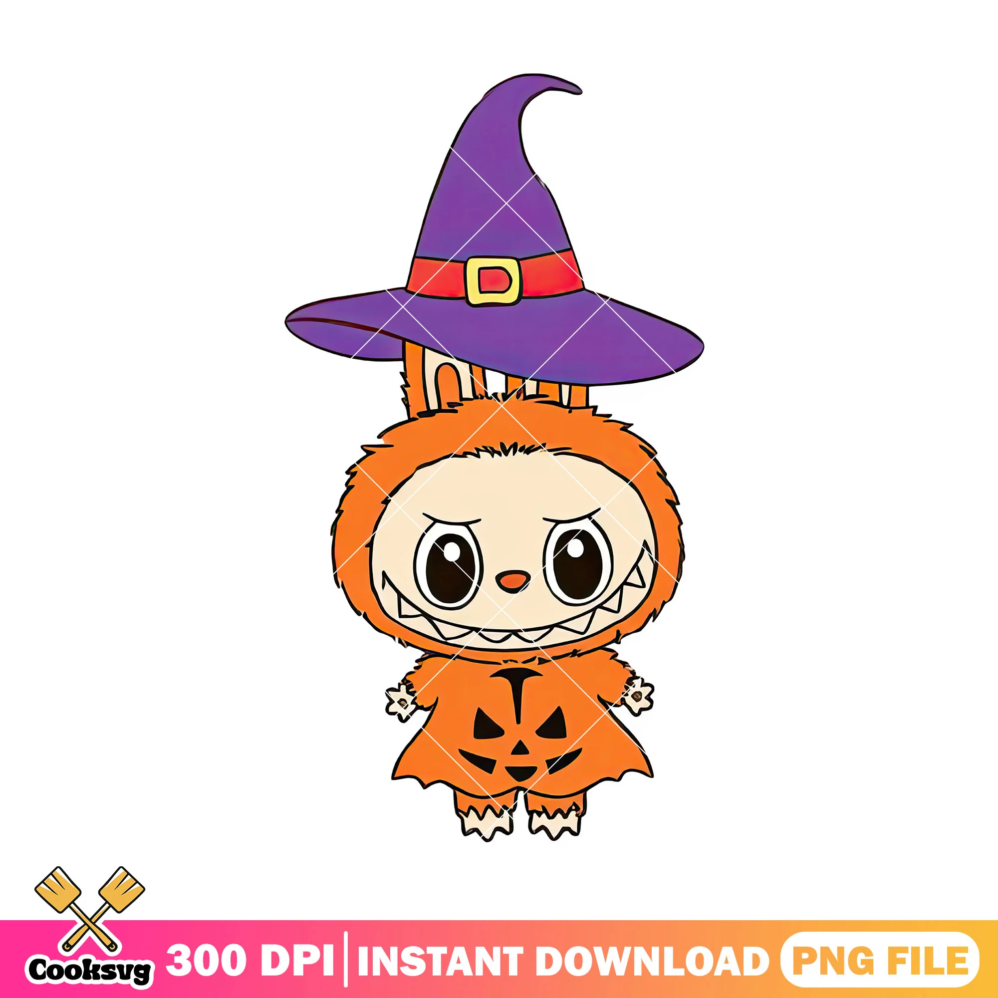 Labubu witch halloween png, labubu halloween png, labubu orange png