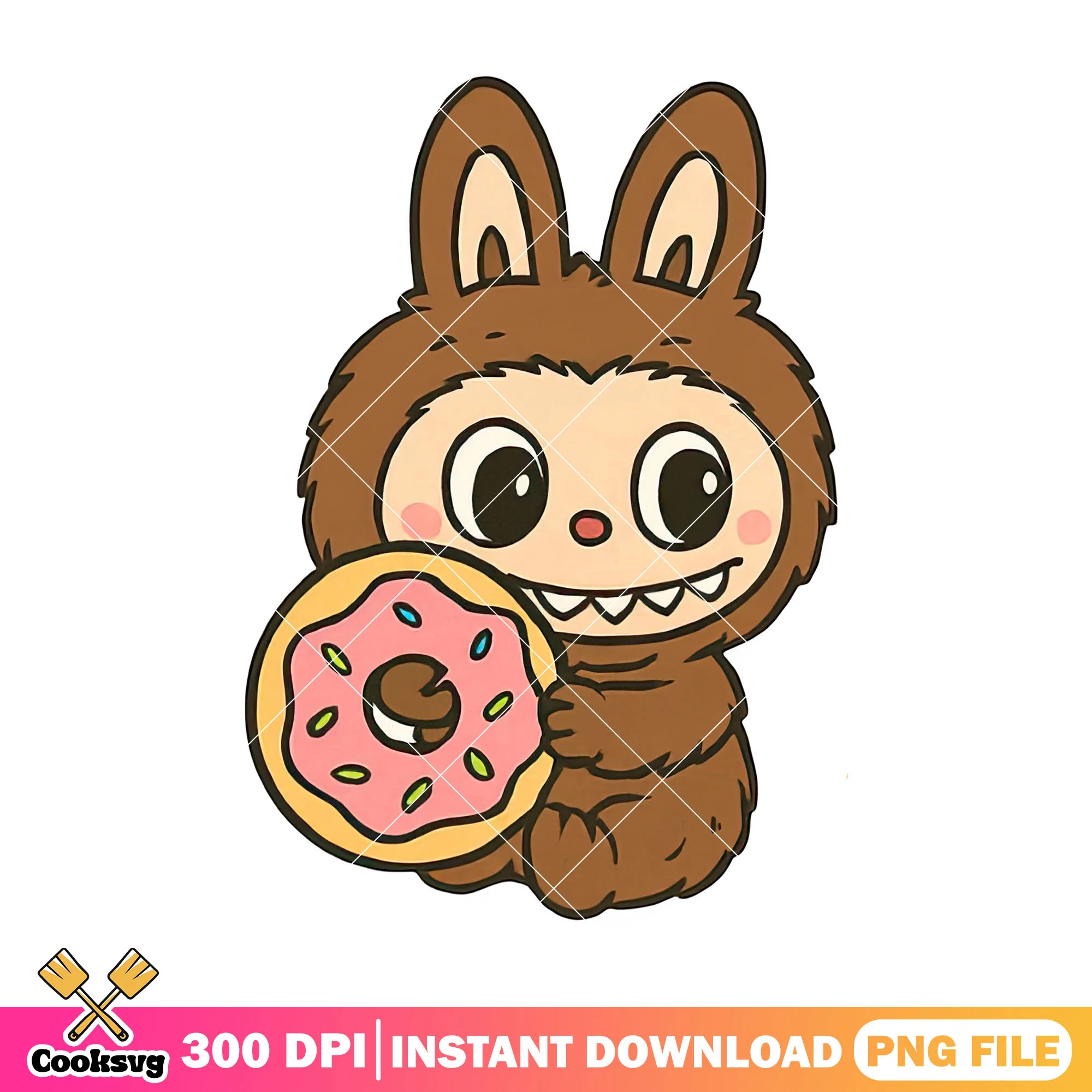Labubu with a donut png, labubu brown png, labubu sitting png
