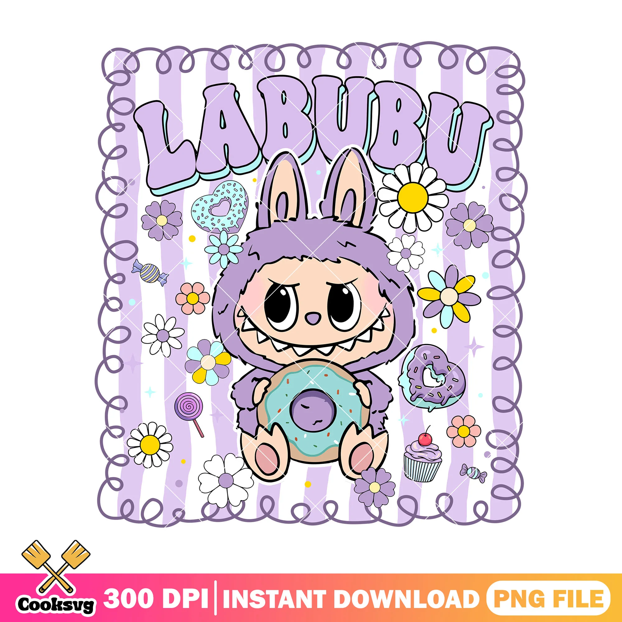 Labubu with a donut png, labubu purple png, labubu sitting png