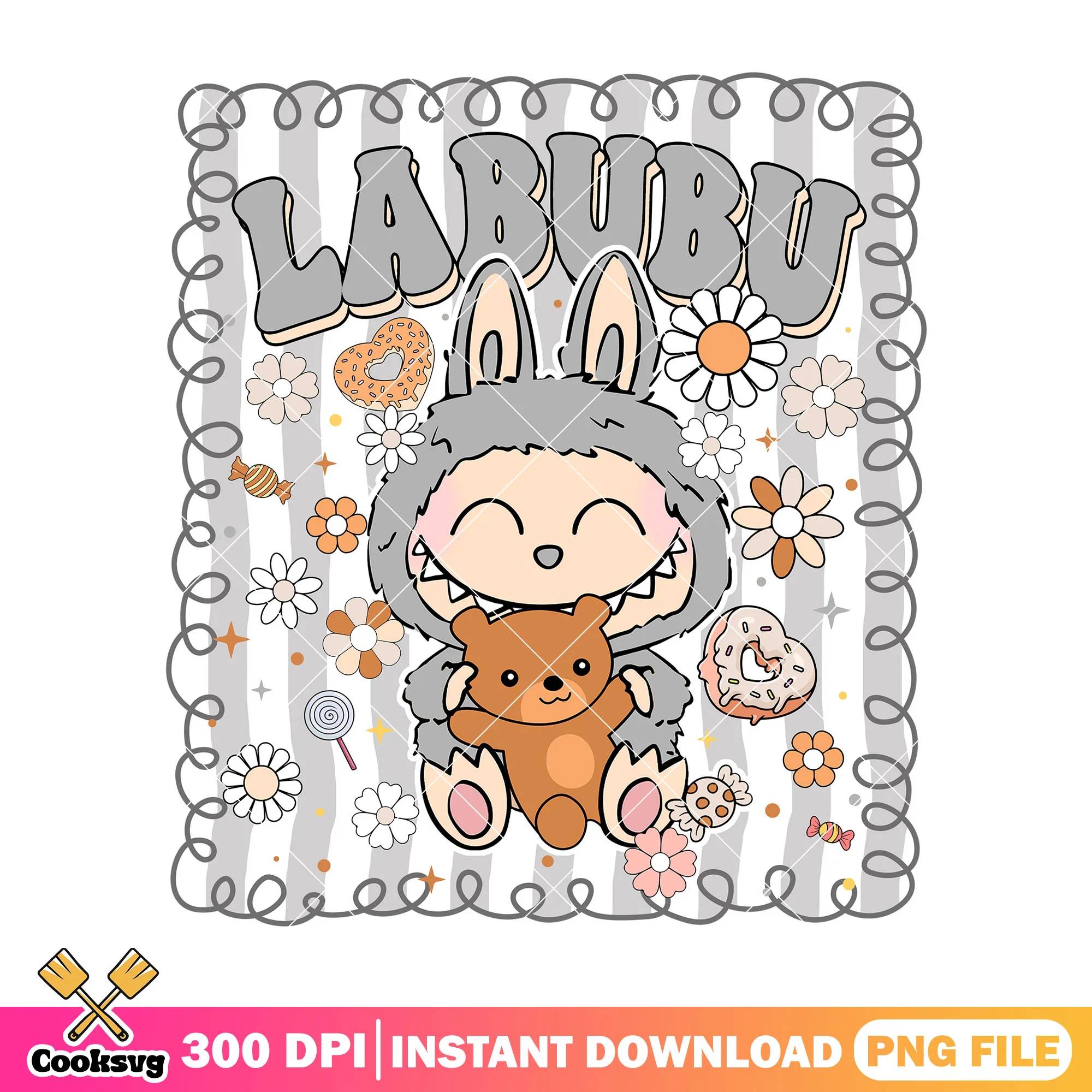 Labubu with bear toy png, labubu grey png, labubu cute png