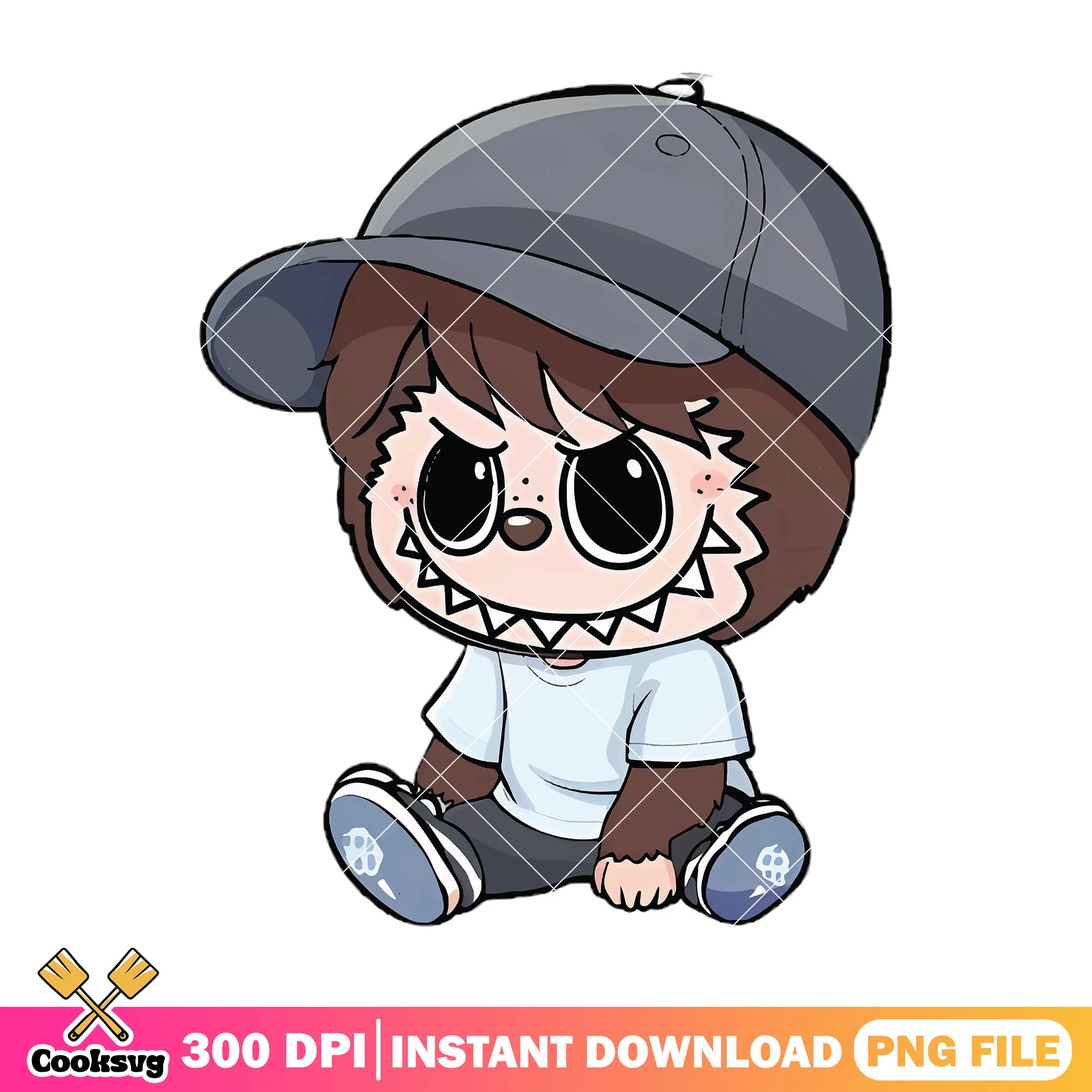 Labubu with big cap png, labubu sitting png, labubu brown png