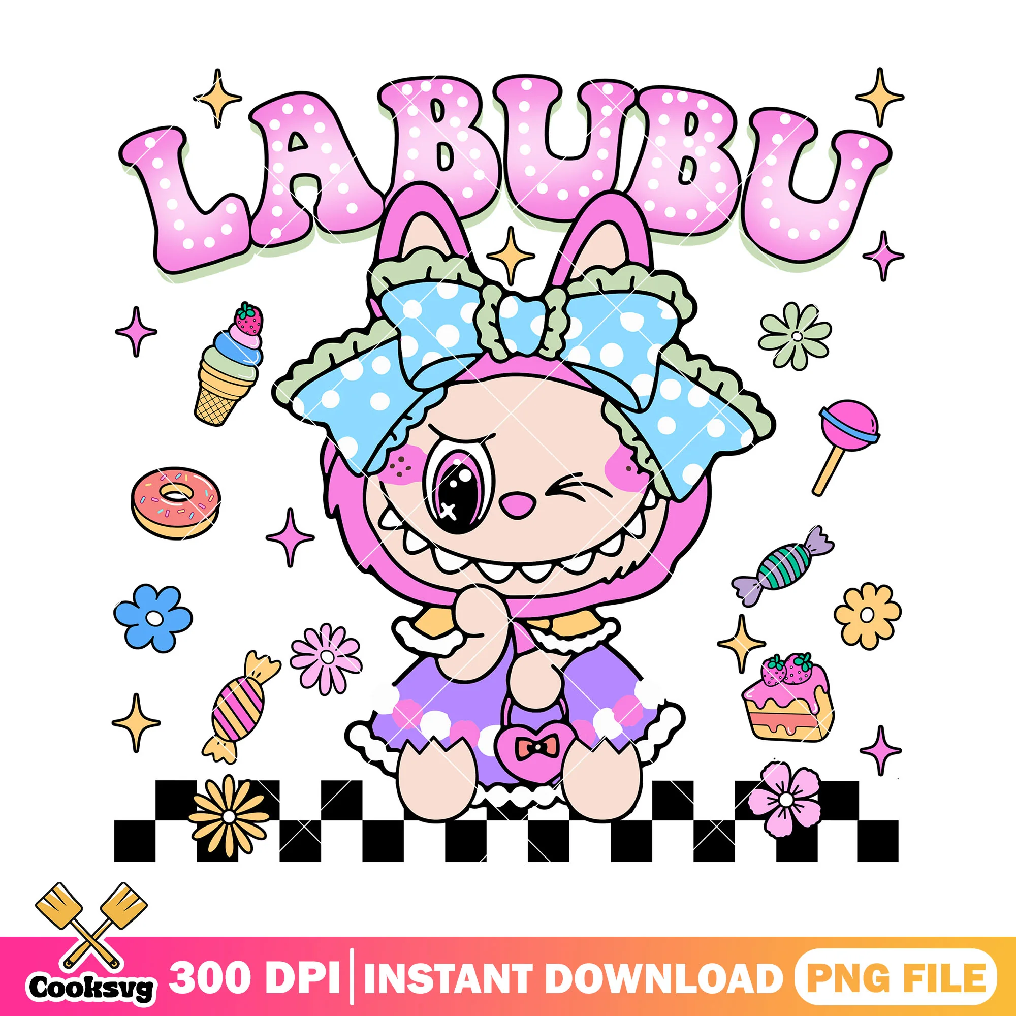 Labubu with candies and flowers png, labubu outfit png, labubu art png