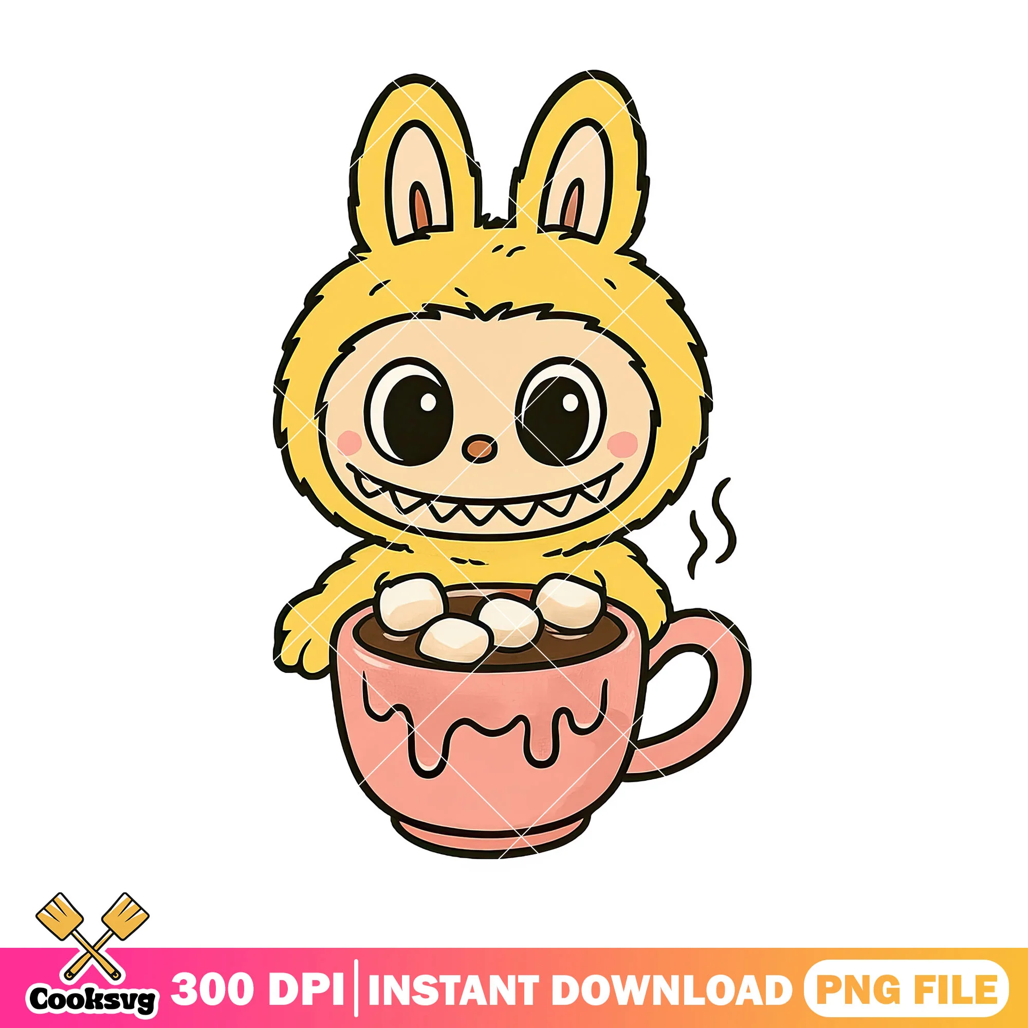 Labubu with cup of tea png, labubu v3 png, popmart labubu png