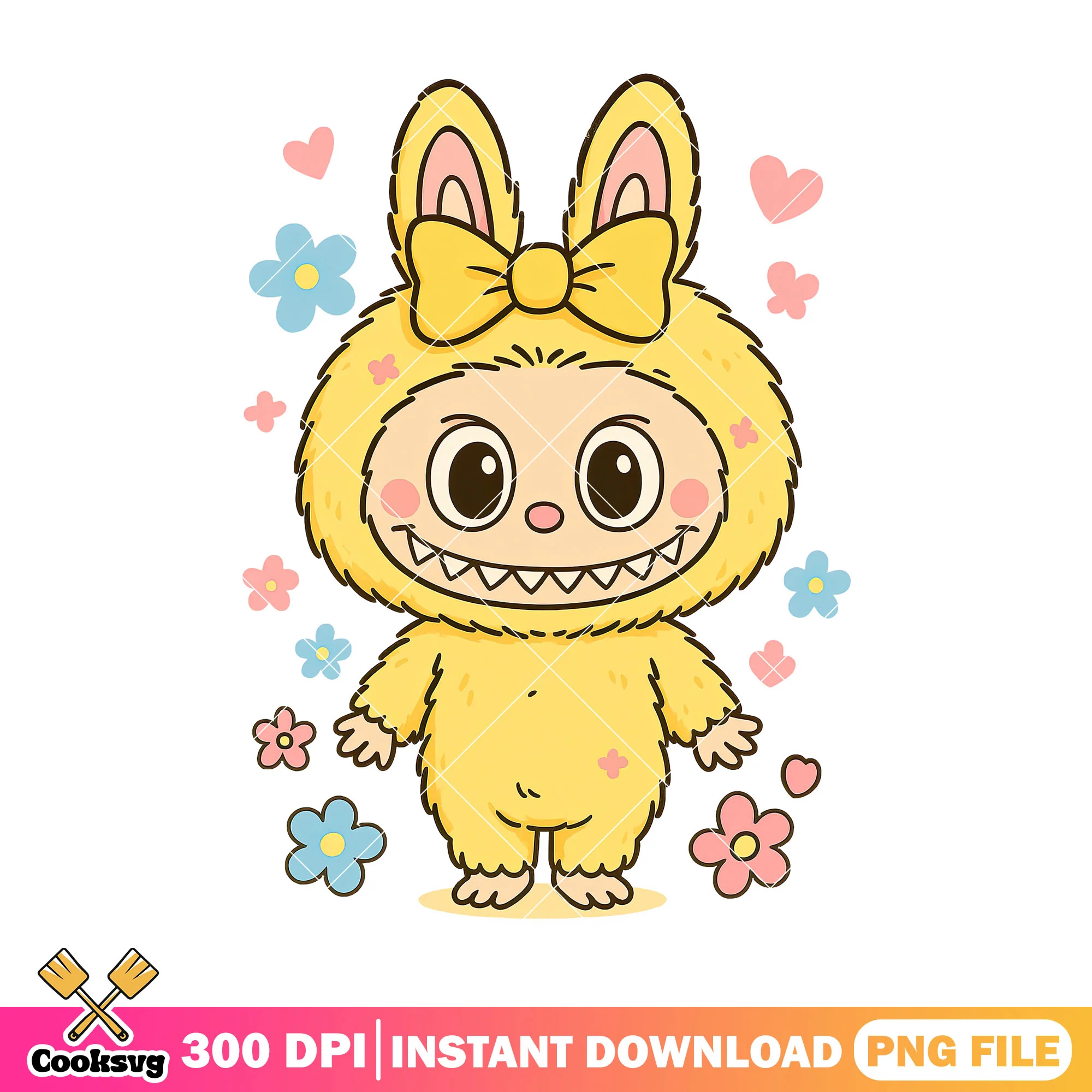 Labubu with flowers png, yellow labubu png, labubu cartoon labubu png