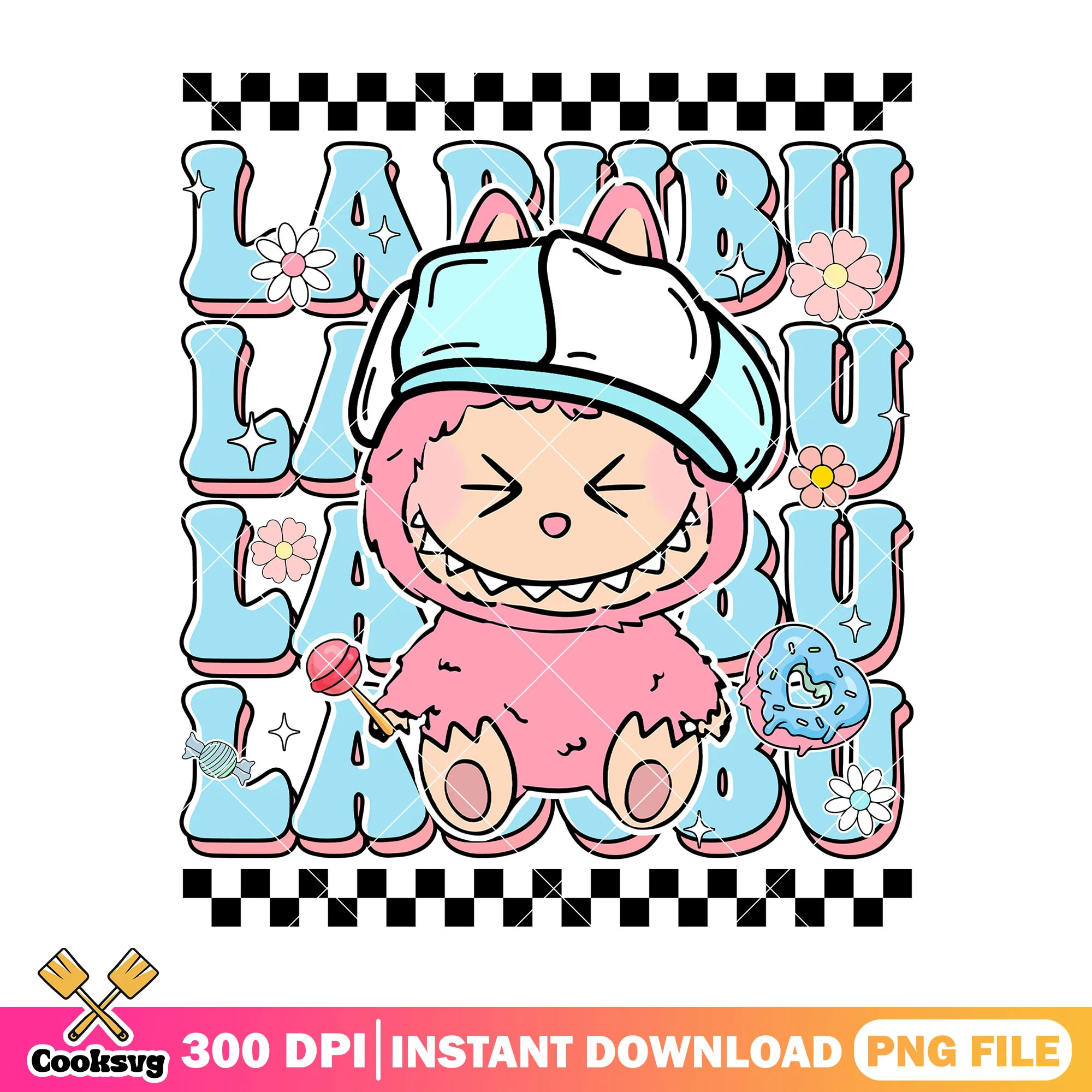 Labubu with nice hat png, labubu hehe png, labubu pink png