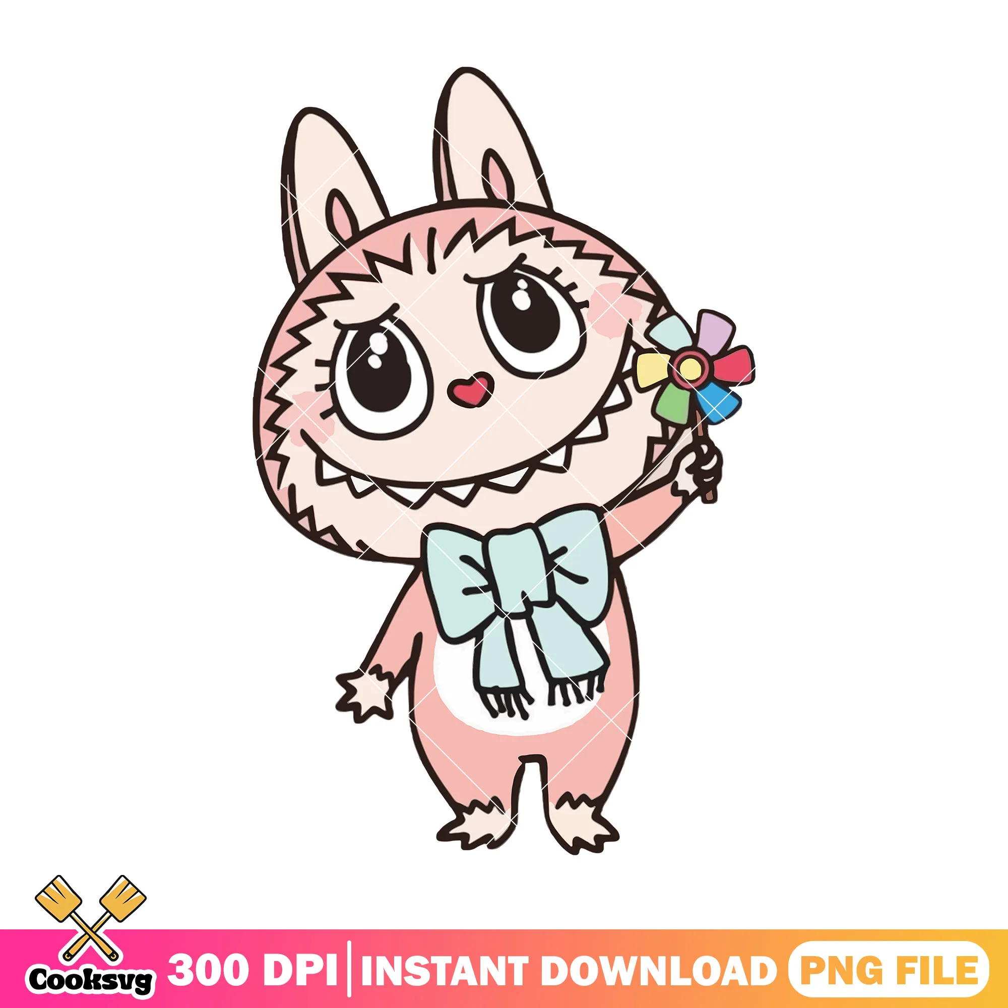 Labubu with pinwheel png, labubu happy png, labubu standing png