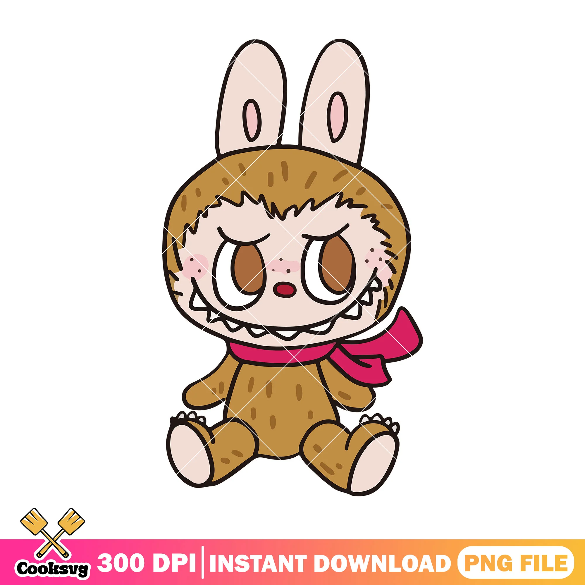 Labubu with red scarf png, labubu popmart png, labubu sitting png