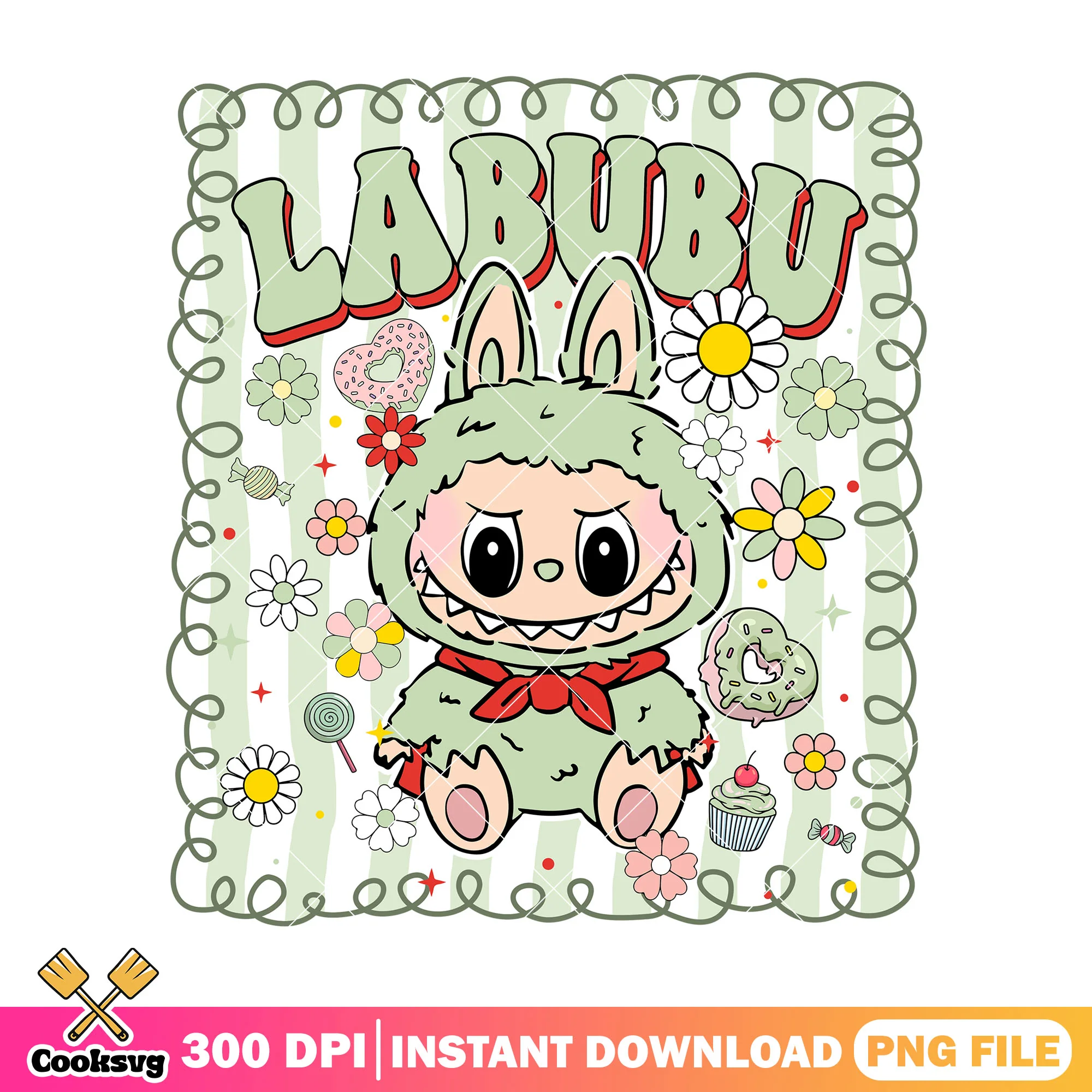 Labubu with red scarf png, labubu green png, labubu popmart png