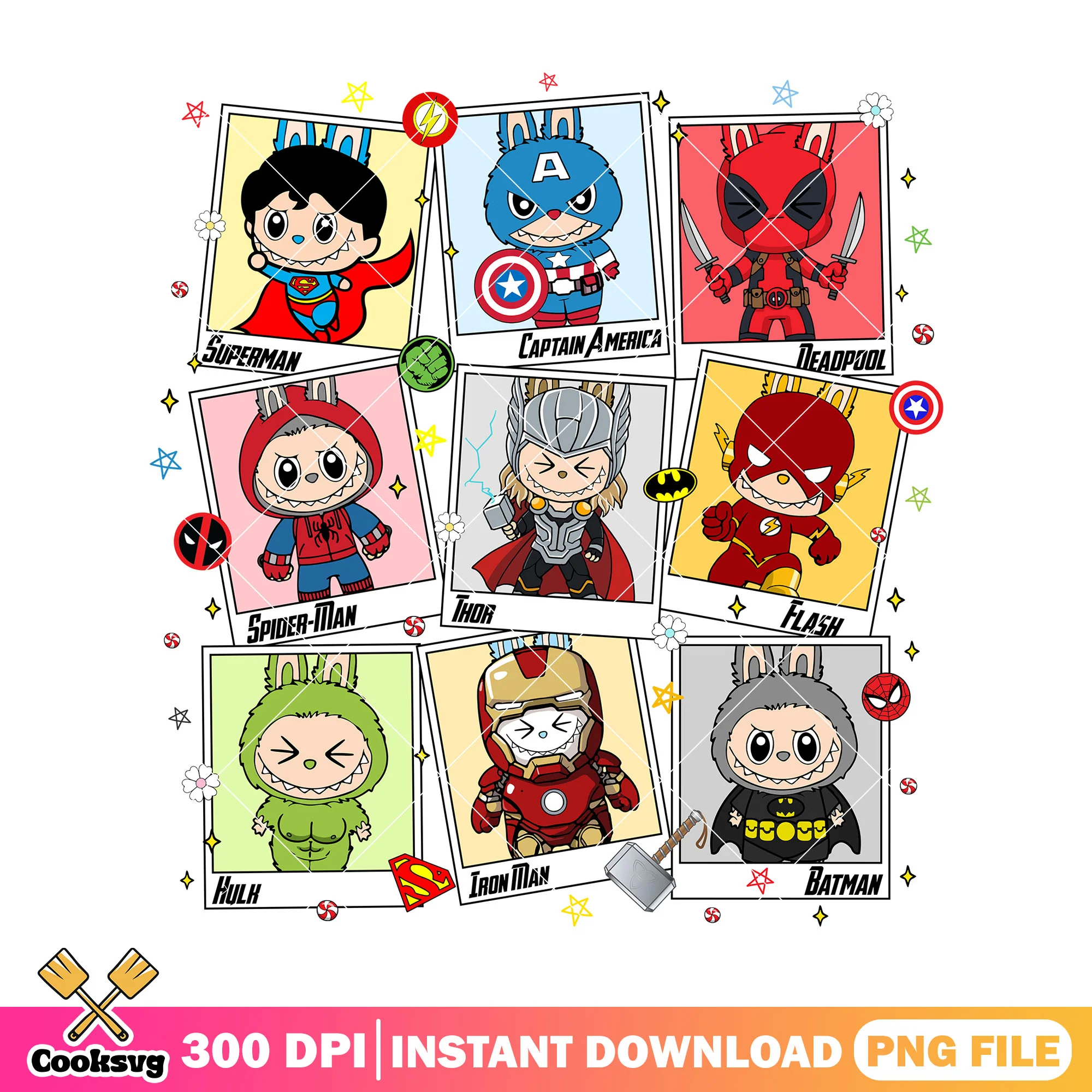 Labubu with various superhero outfits png, labubu cute png, labubu png