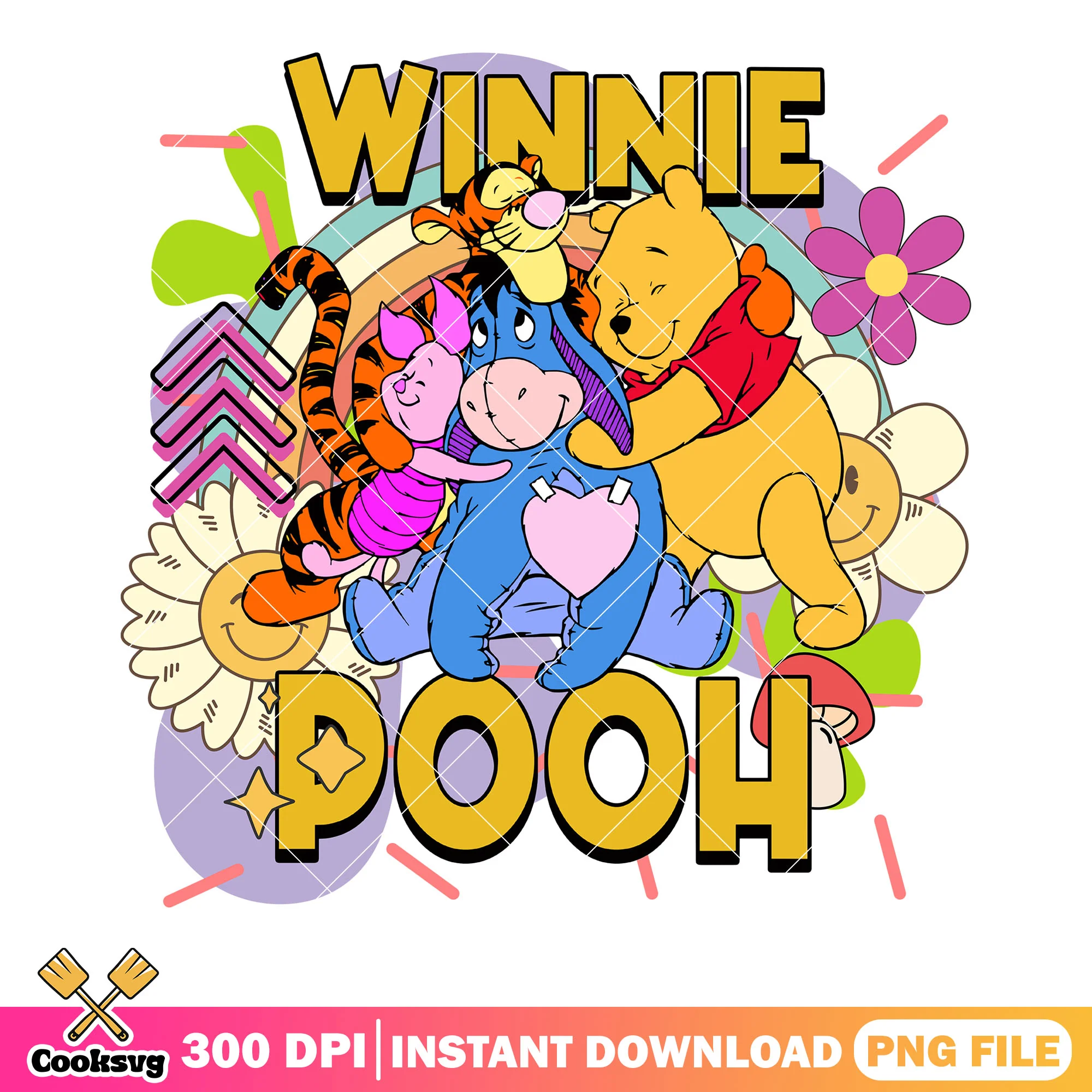 Lineup cast character Winnie Pooh png, rainbow png, classic cartoon png
