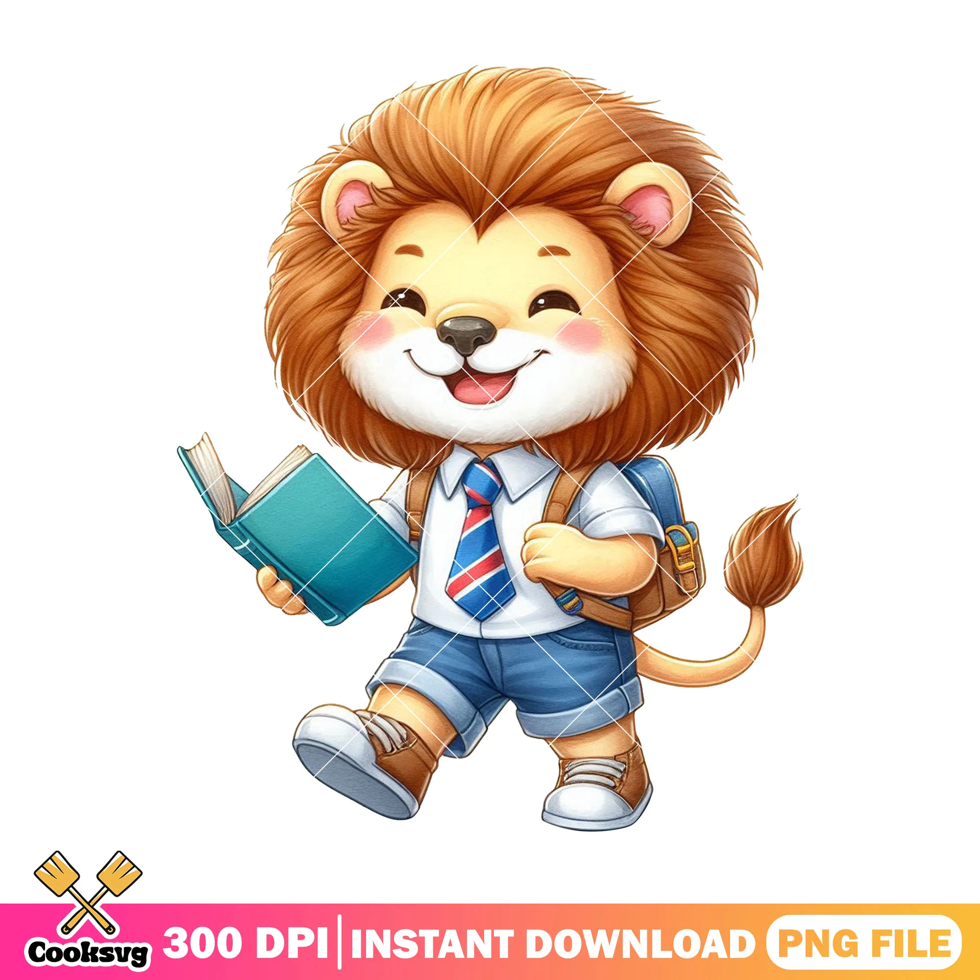 Lion chibi reading png, lion standing png, back to school outfit png