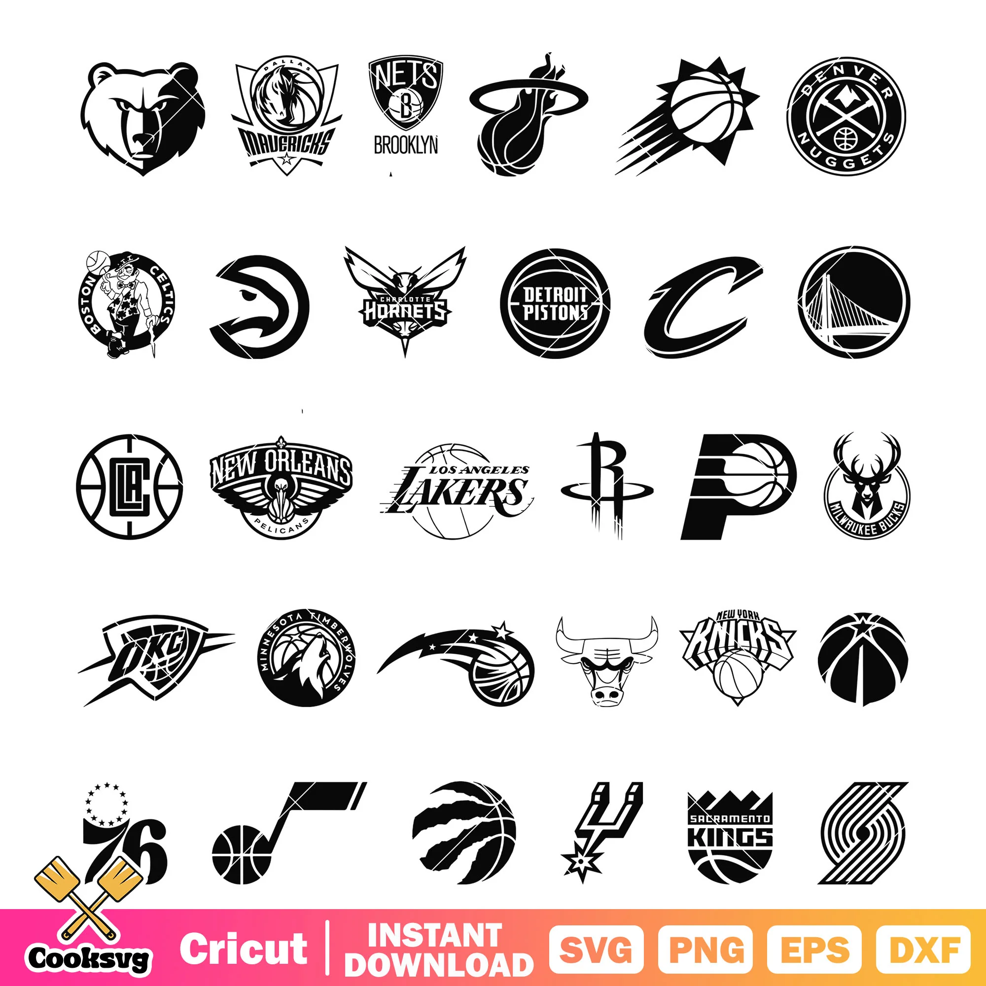 Logo nba black white design bundle svg, nba basketball teams svg