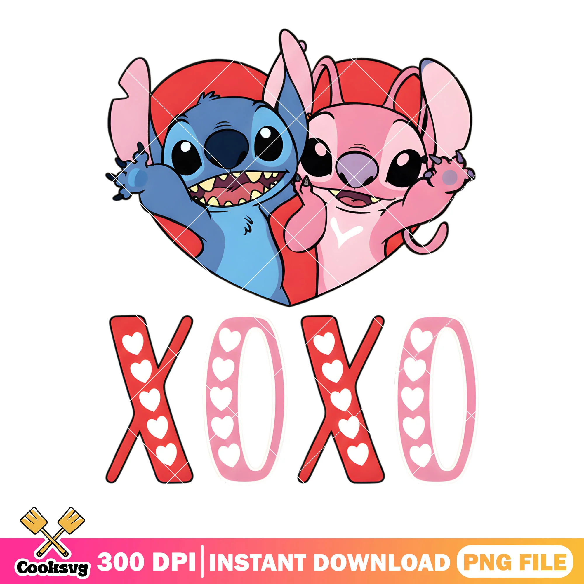 Love xoxo stitch and angel png, valentines couple png, love season png
