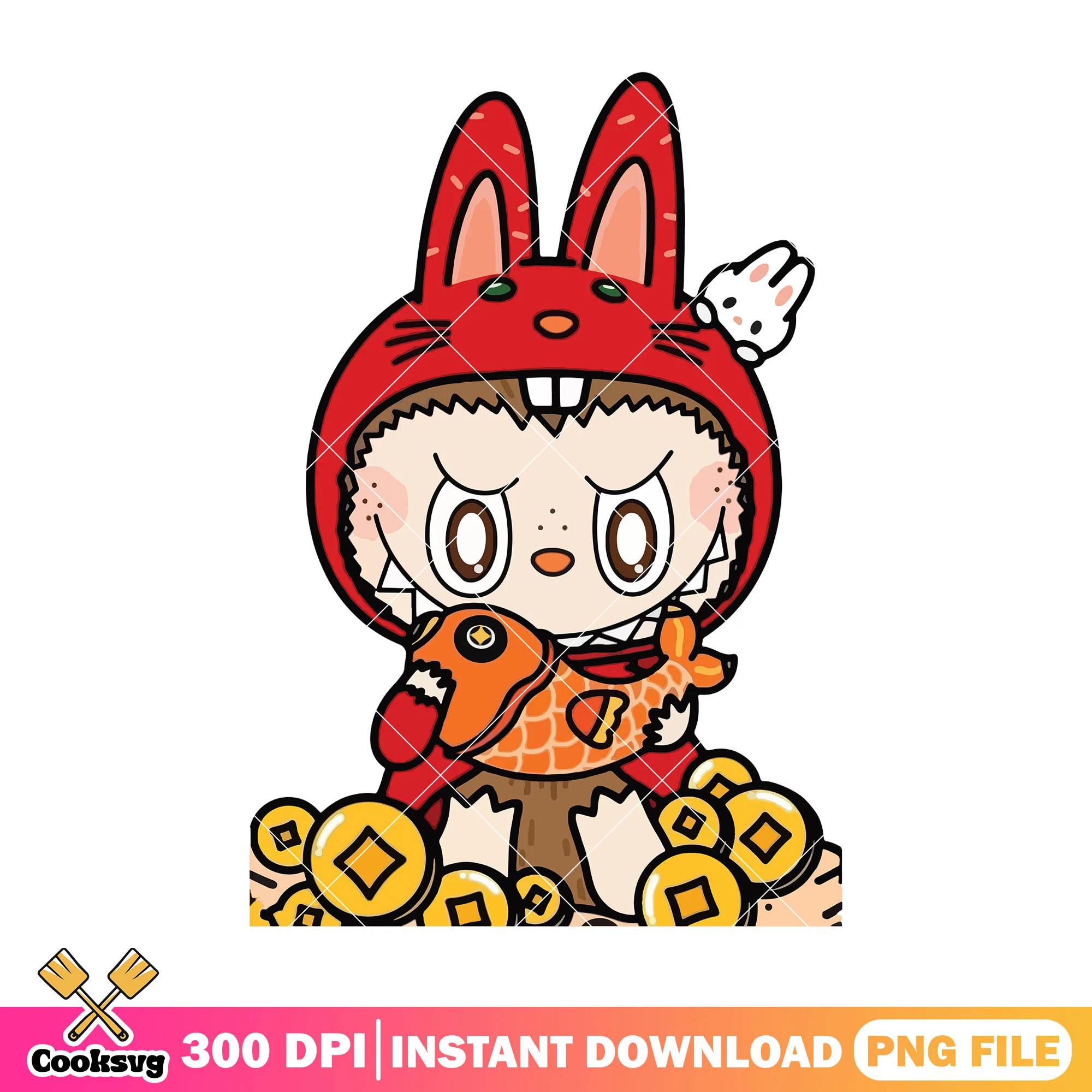 Lucky cat labubu eat fish png, labubu sitting png, labubu cute png