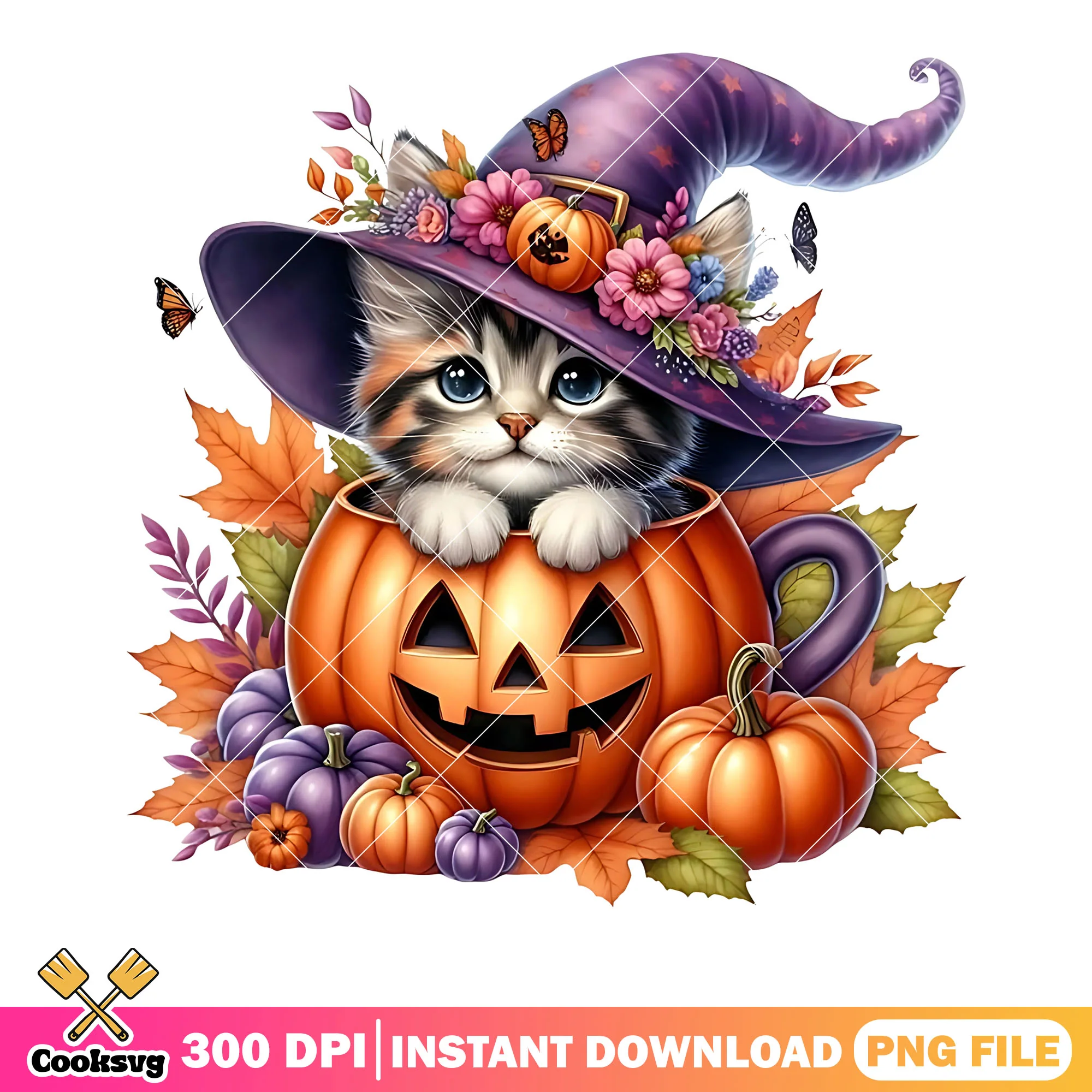 Mage cat with wizard hat png, jack o lantern png, crazy halloween night png
