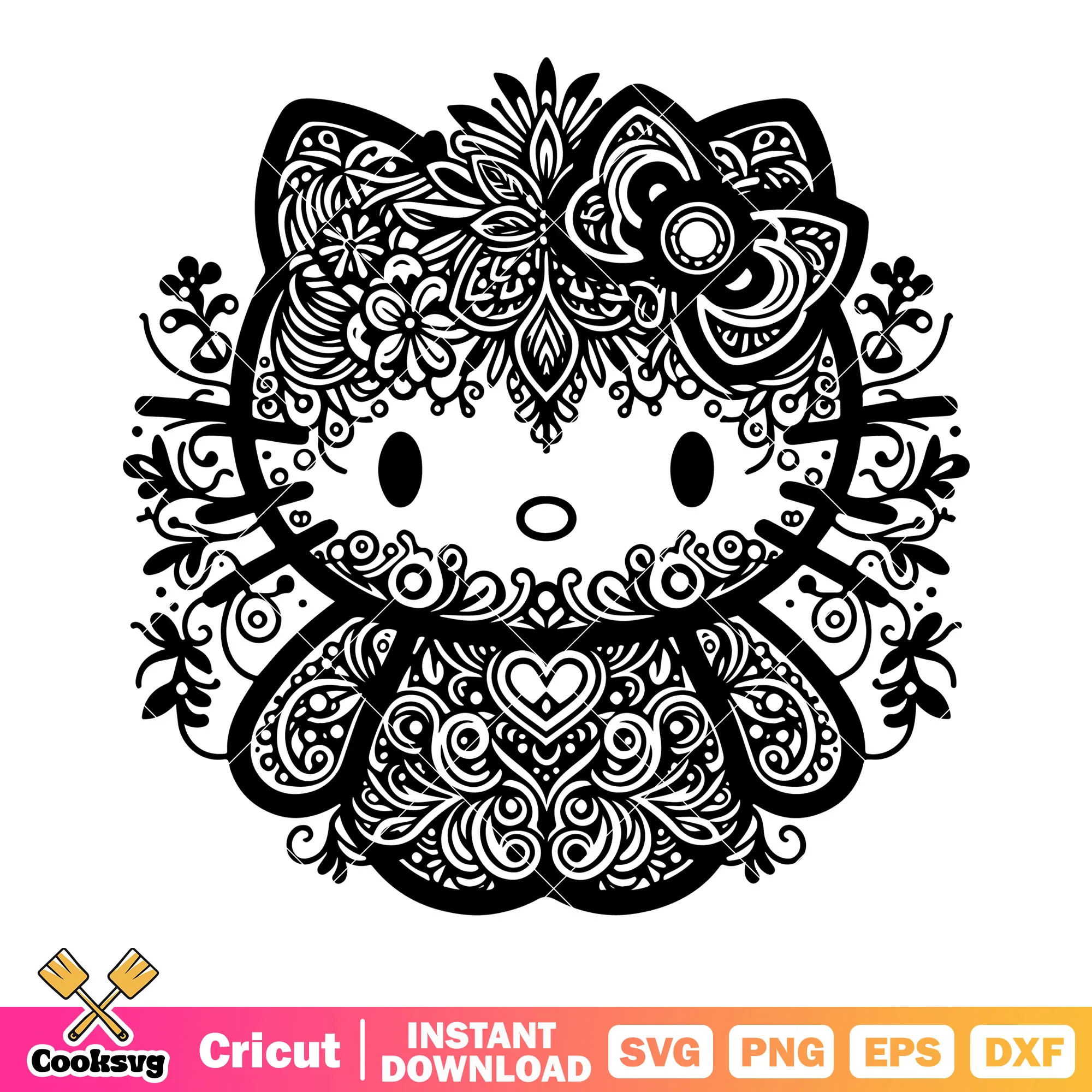 Mandala Hello kitty svg, black and white art  svg, doodle art svg
