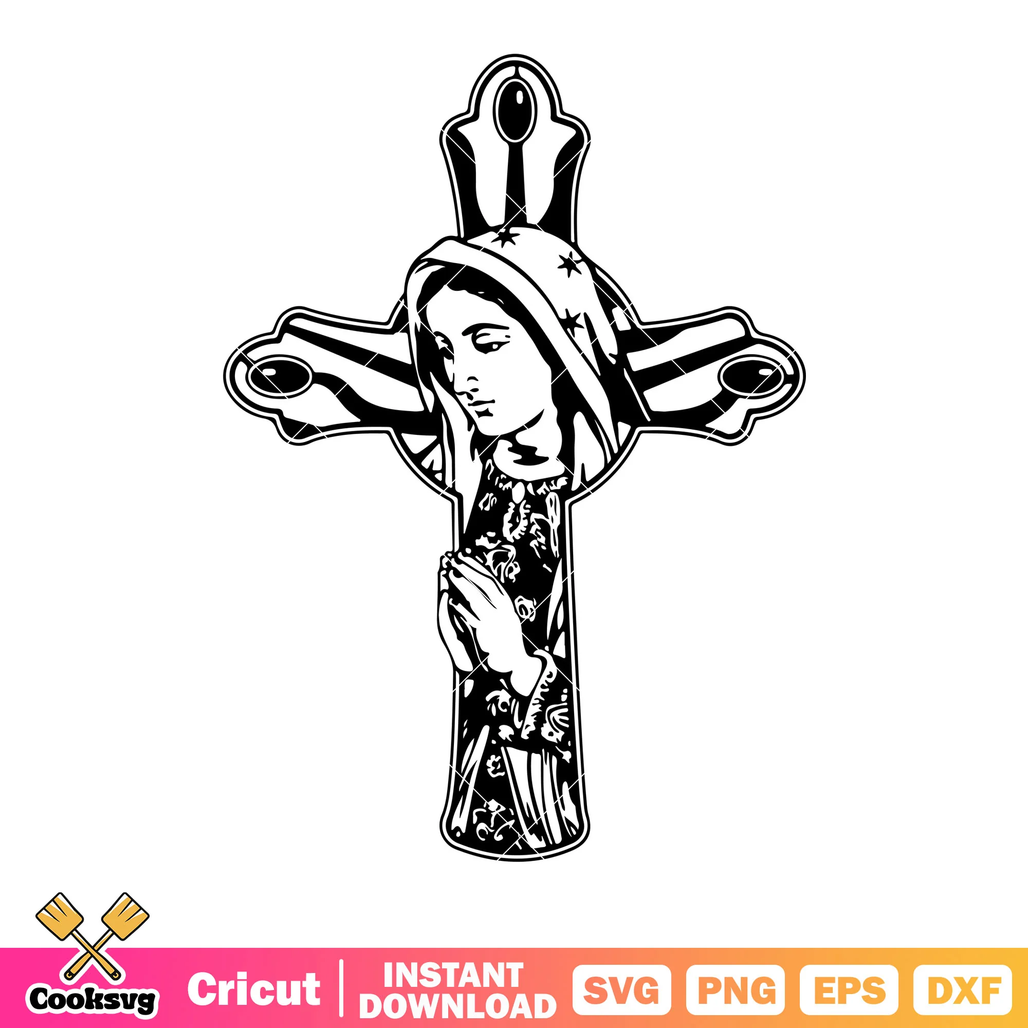 Mary cross svg, black and white art svg, Blessed Virgin Mary svg