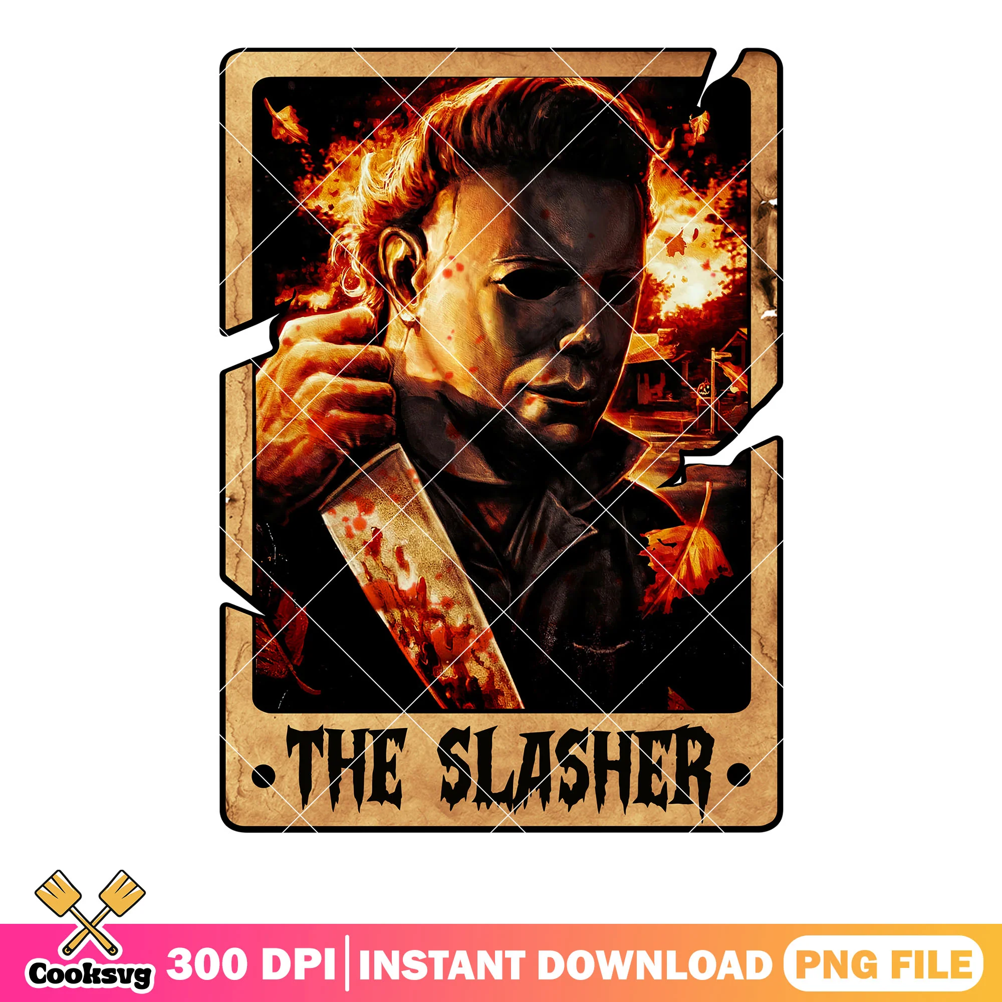 Michael myers bloody knife png, fire design png, spooky halloween png