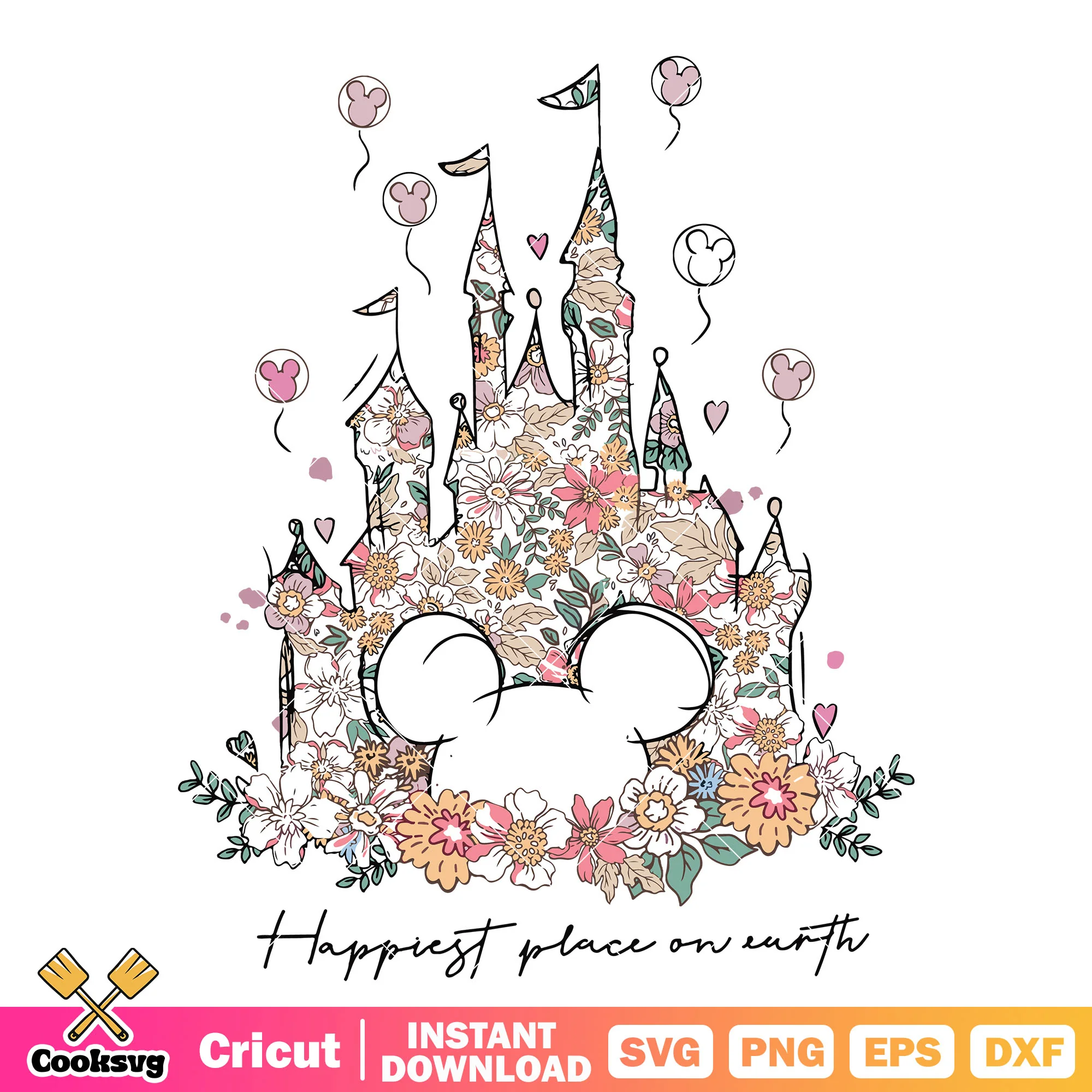 Mickey flower happiest place on earth svg, mickey castle svg