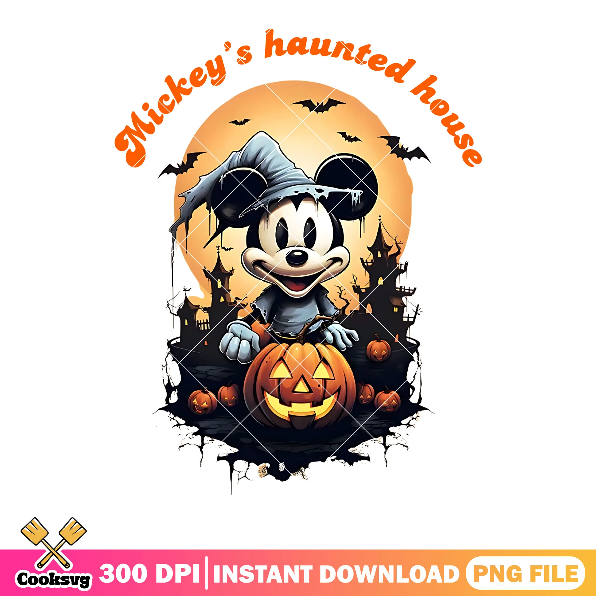 Mickey haunted house png, jack o larntern png, witch costume png