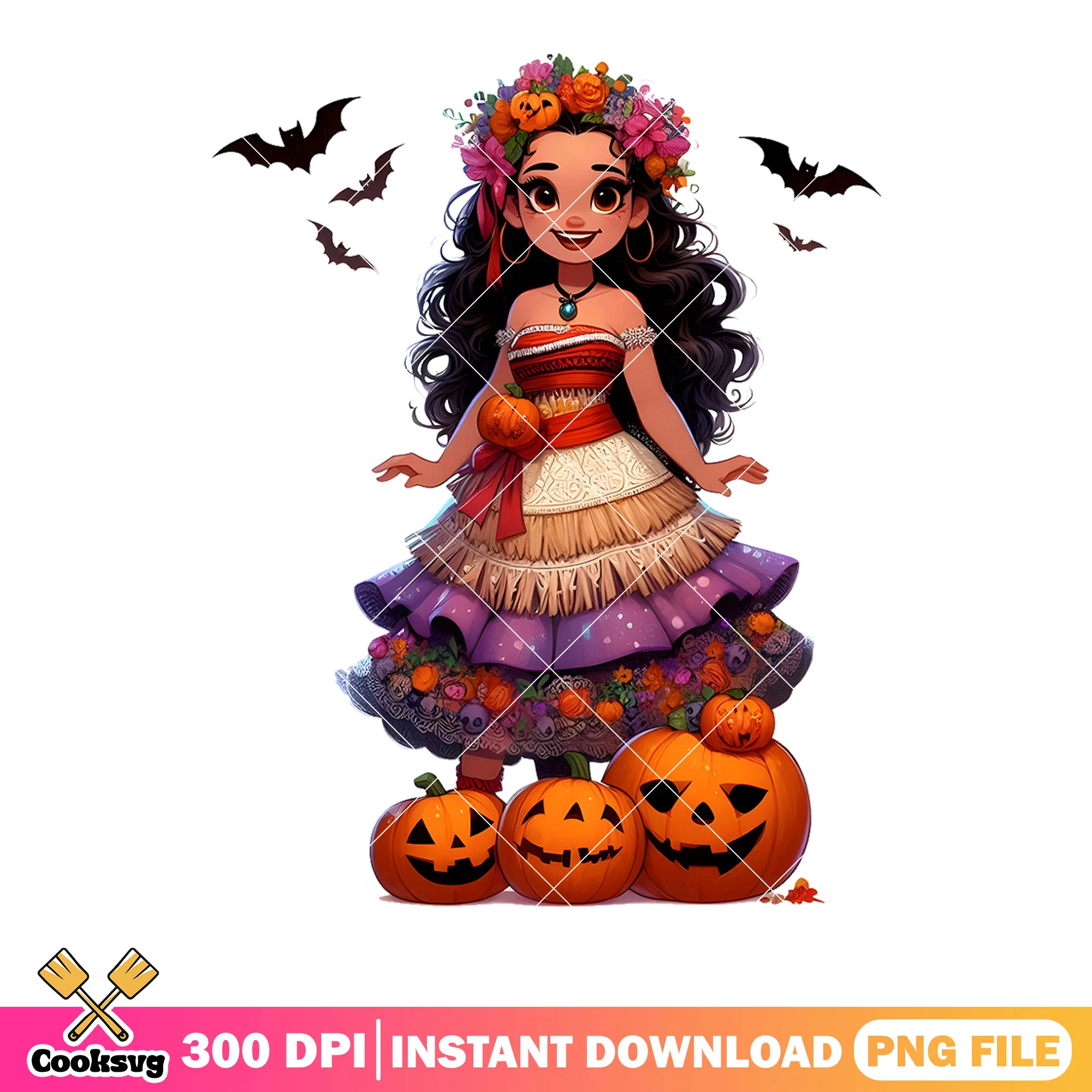 Moana halloween png, halloween disney png, pumpkin flowers png