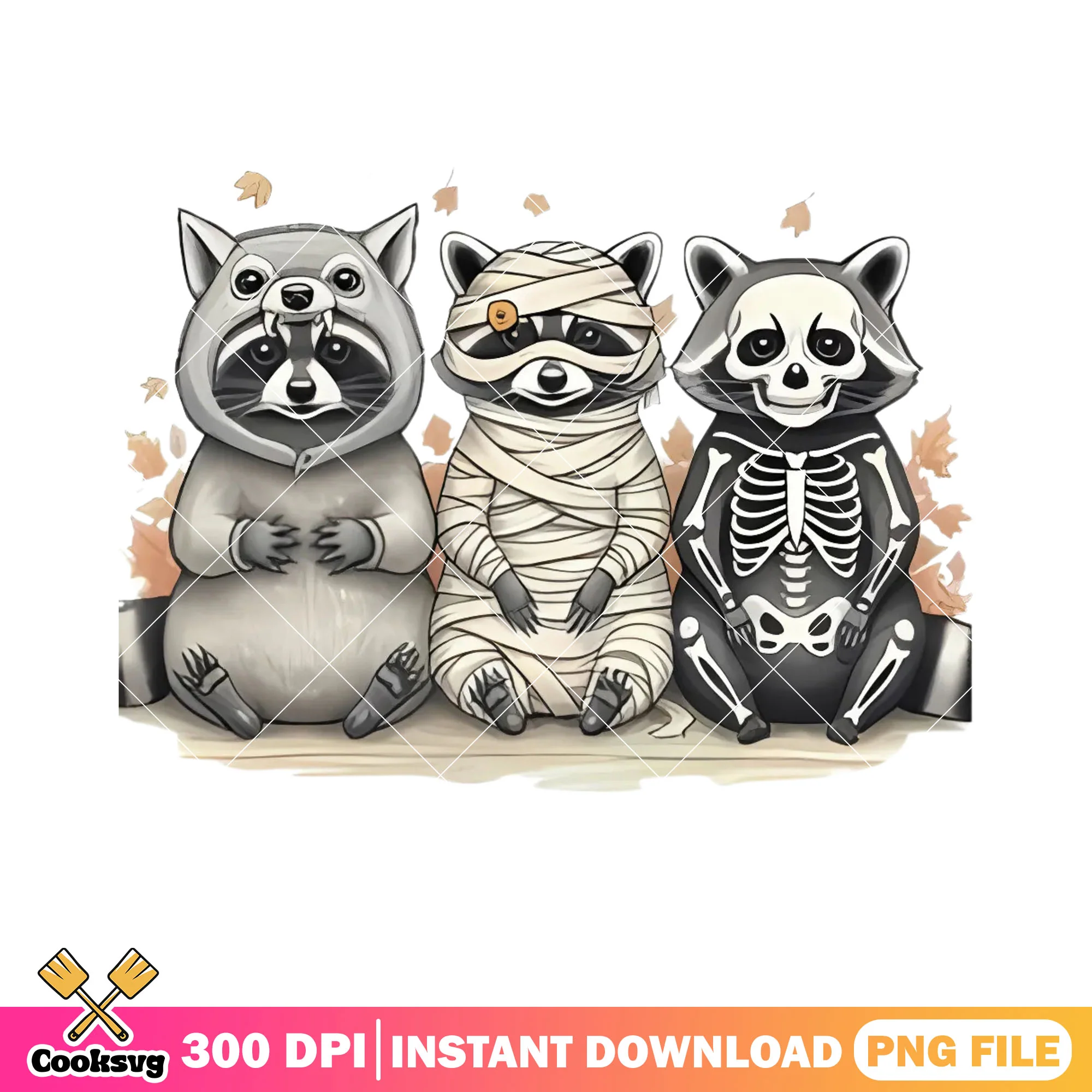 Mummy racoon costume png, skeleton costume png, scary halloween night png