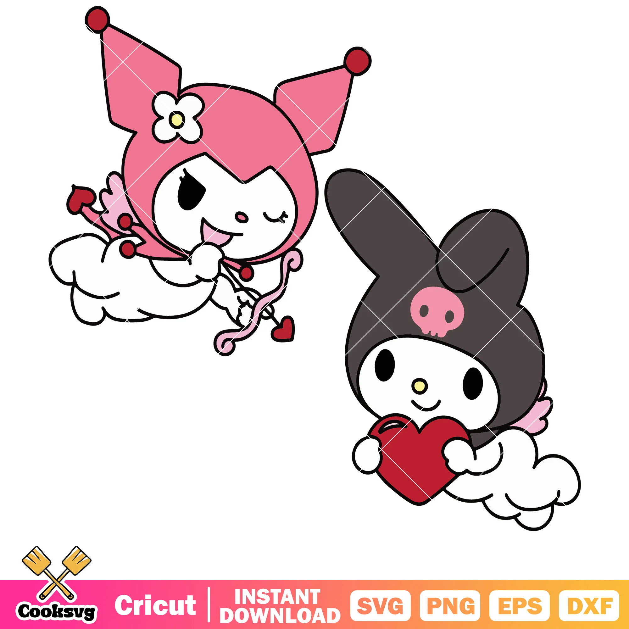 My melody and kuromi valentine svg, hello kitty svg, sanrio svg