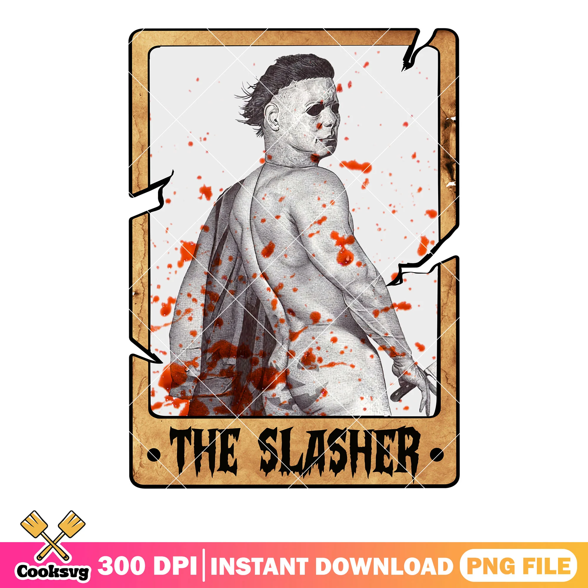 Naked spooky Michael myers png, bloody card png, spooky halloween png