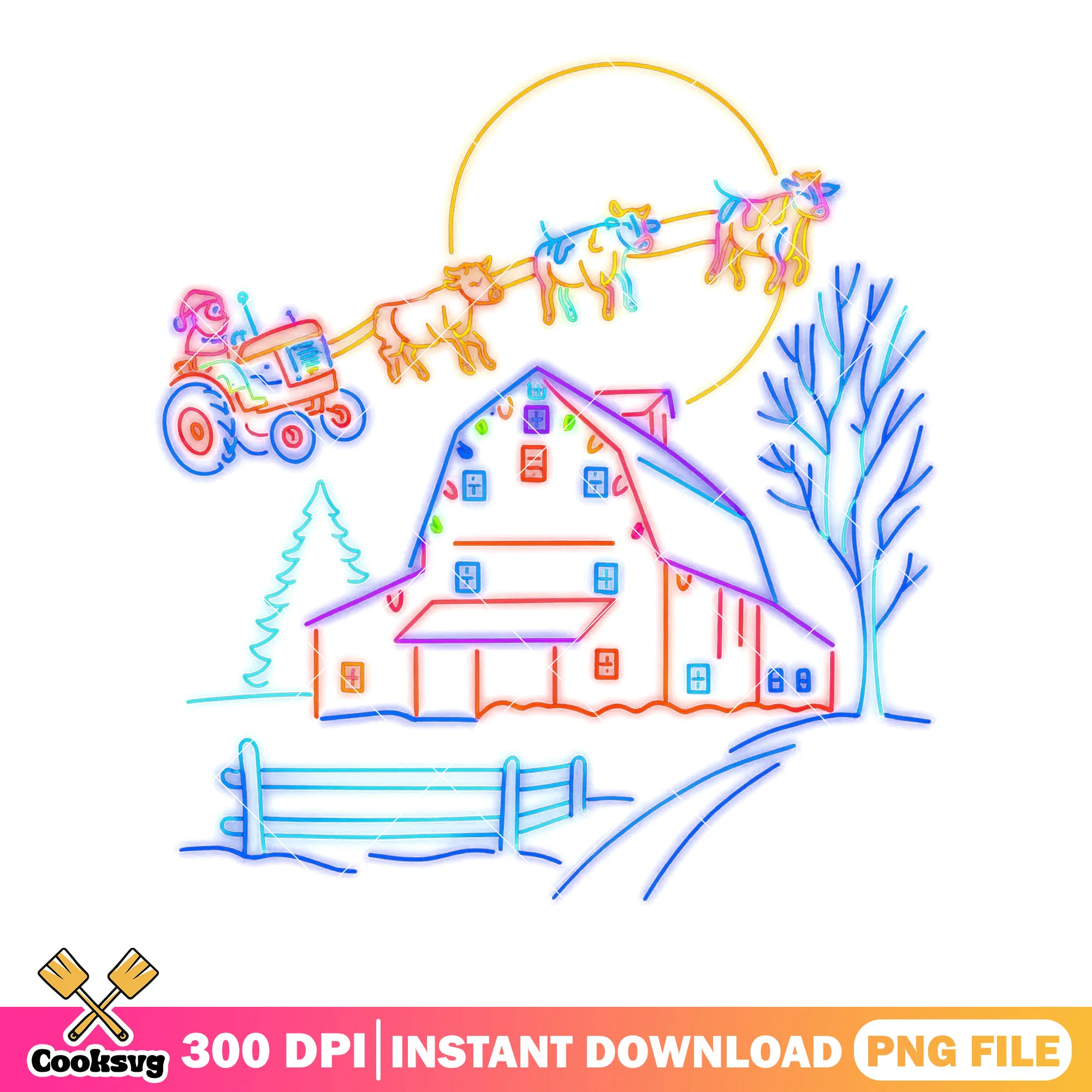 Neon cow sleigh christmas png, merry xmas png, xmas decorations png