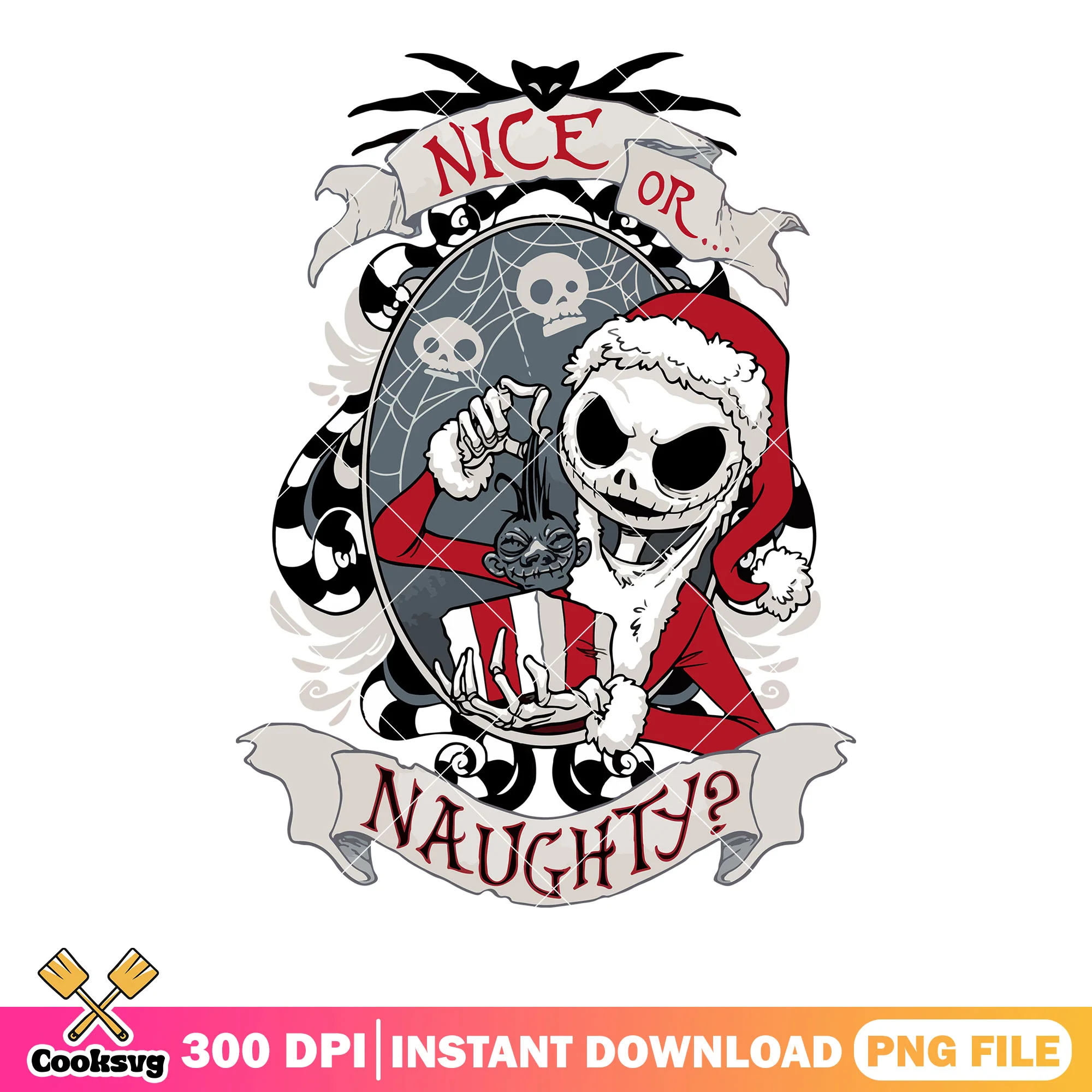 Nice or naughty santa hat png, jack skelington png, christmas gifts png